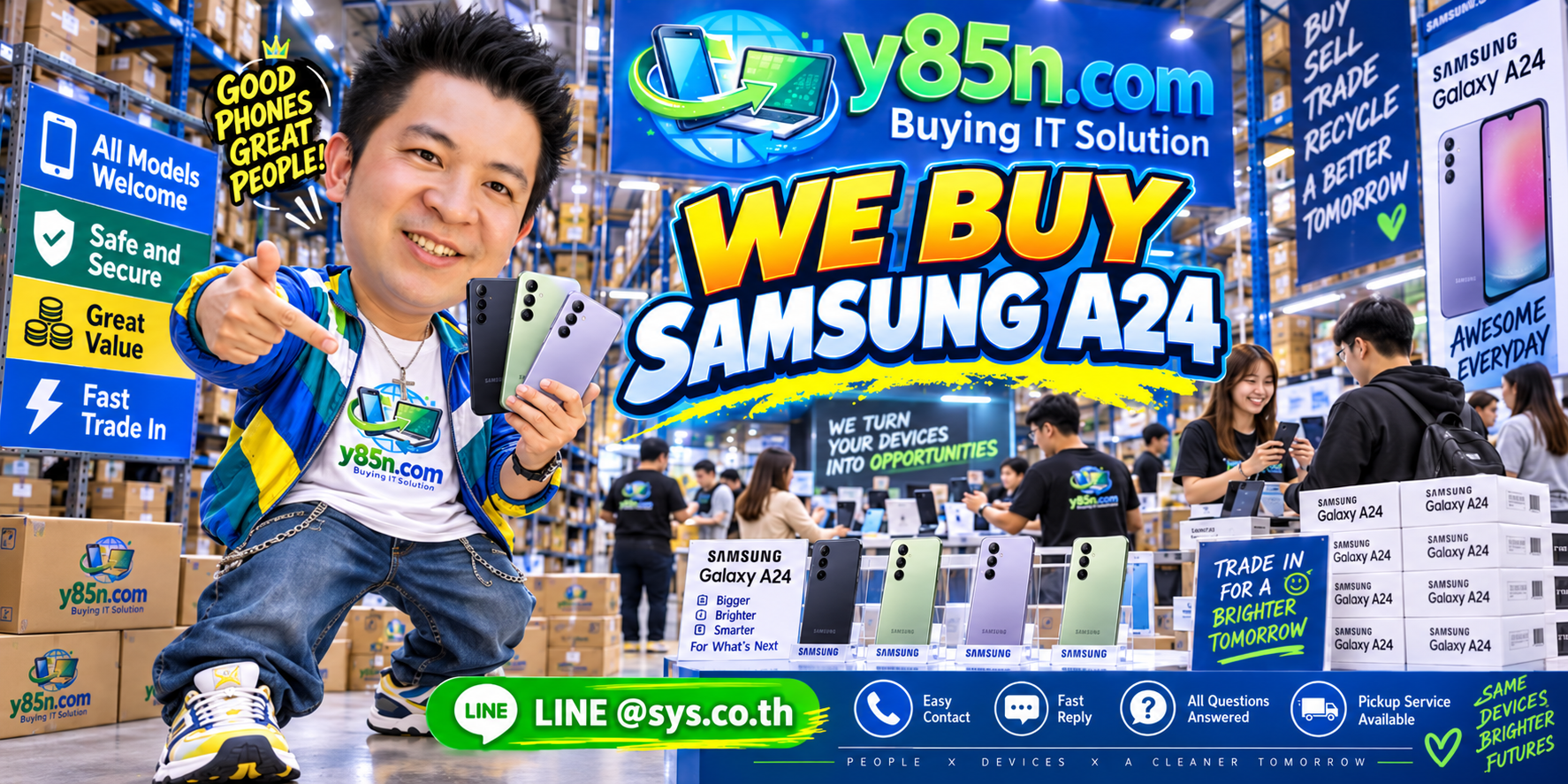 Y85N.com Samsung A24 buying service contact banner with LINE at sys.co.th