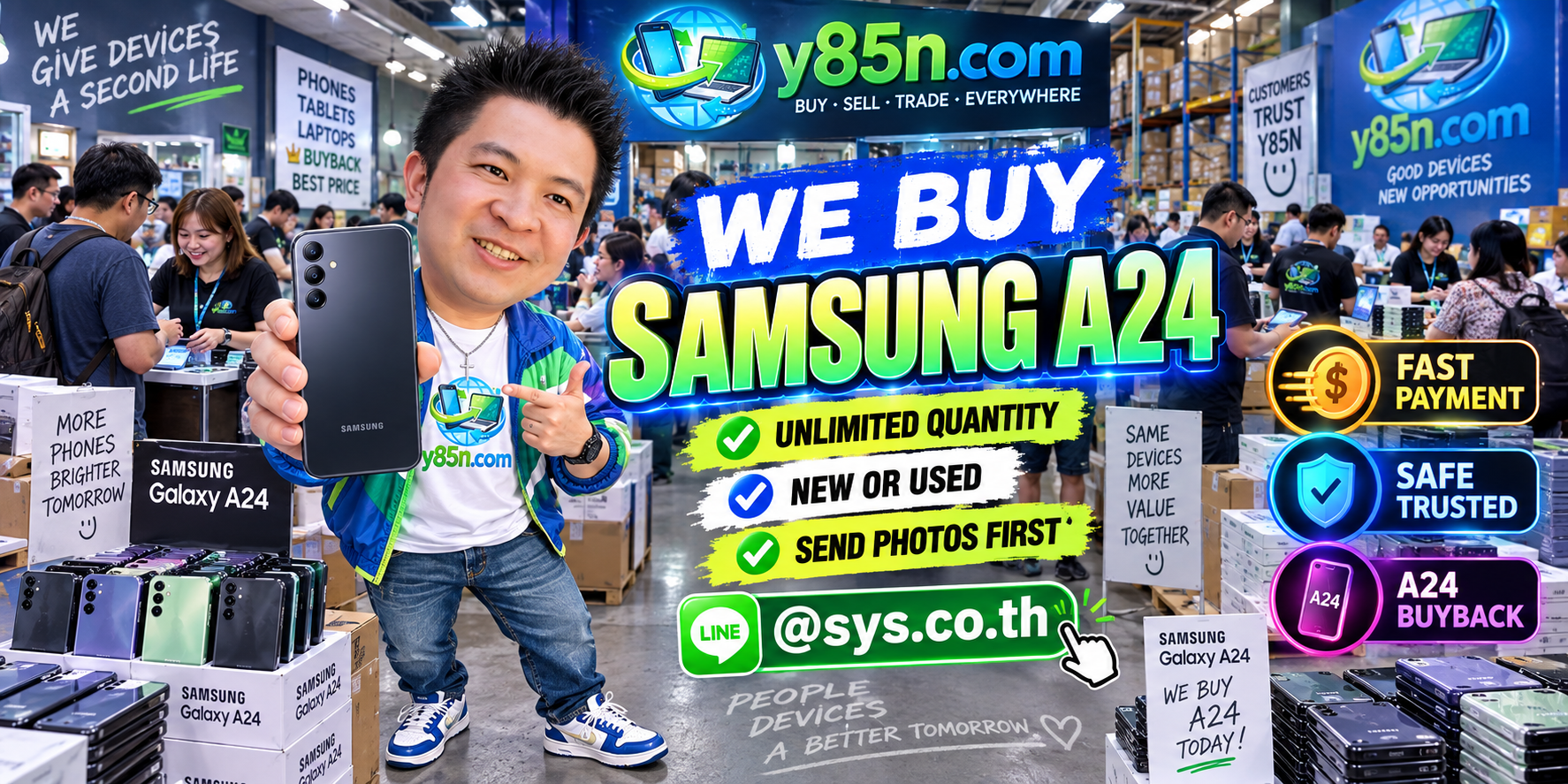 Y85N.com team and customers at a busy Samsung A24 and used phone buying warehouse