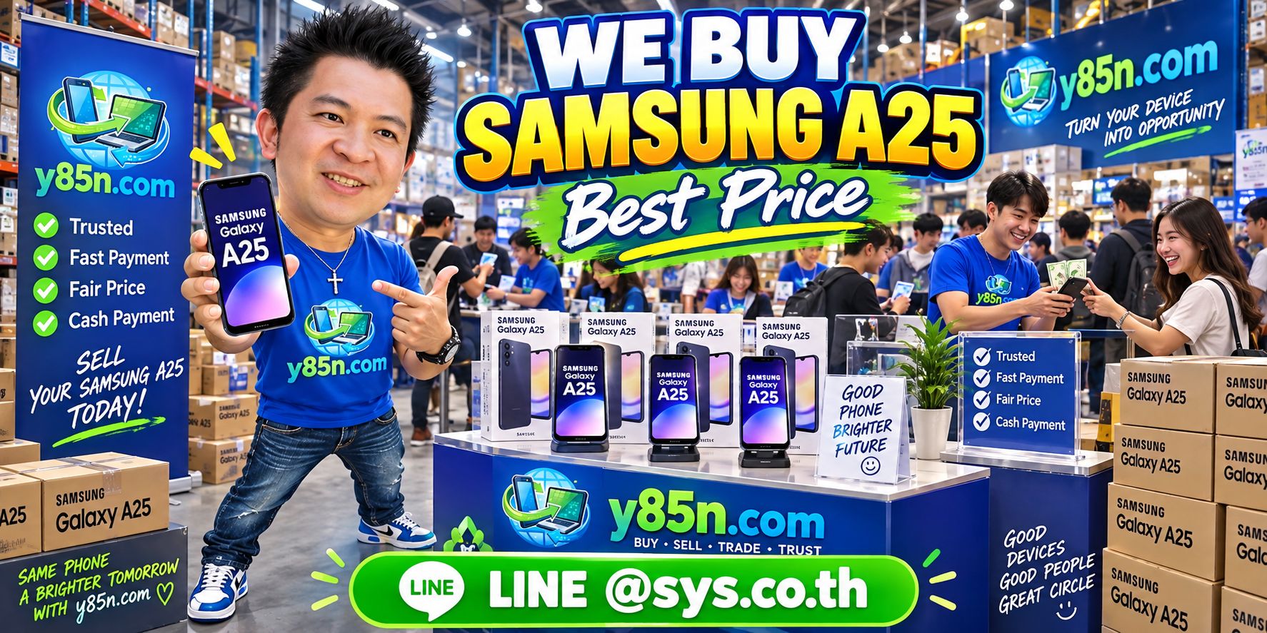 Y85N.com warehouse buying Samsung Galaxy A25 phones from international sellers in Thailand
