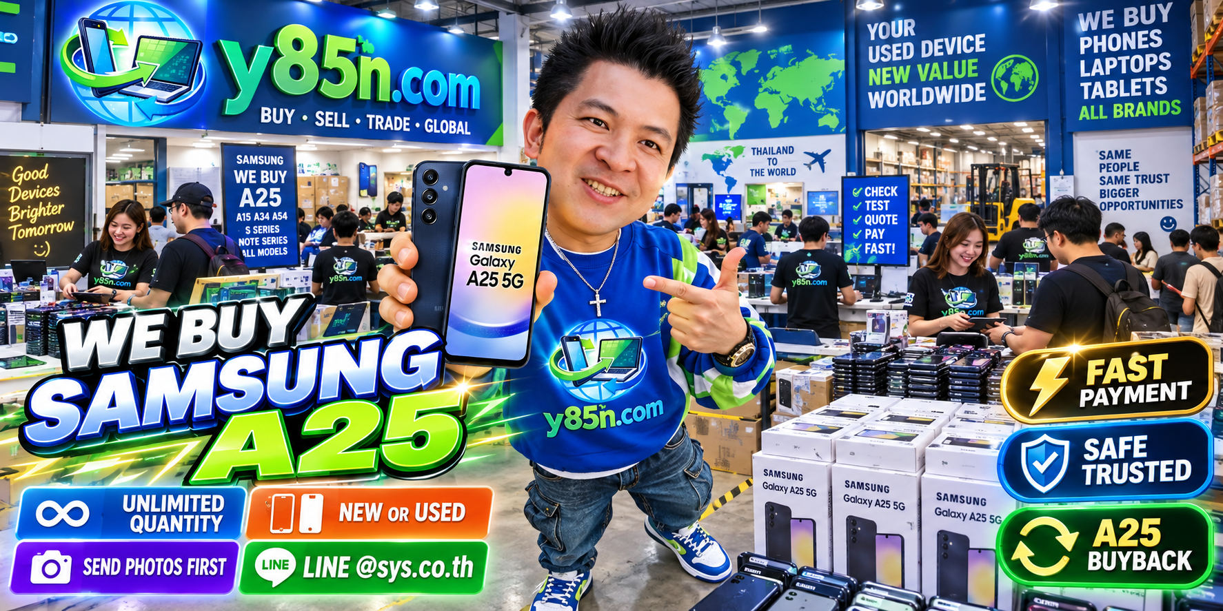 Y85N.com Samsung A25 5G buying service in a busy technology warehouse