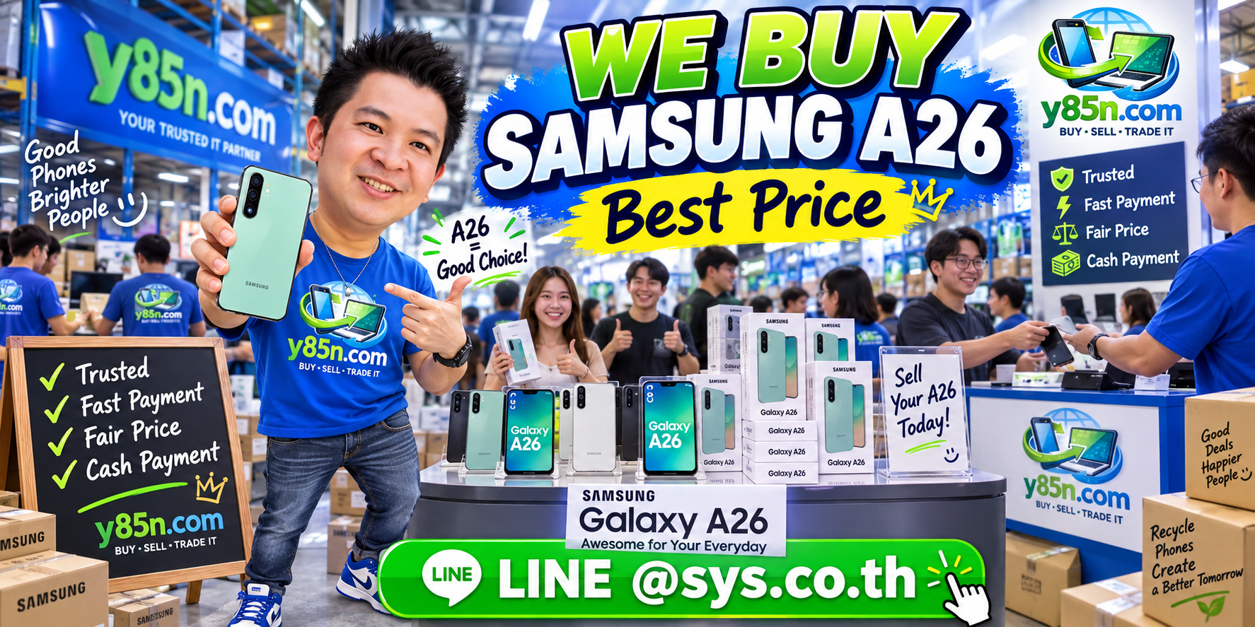 Y85N.com warehouse buying Samsung Galaxy A26 phones with international seller support