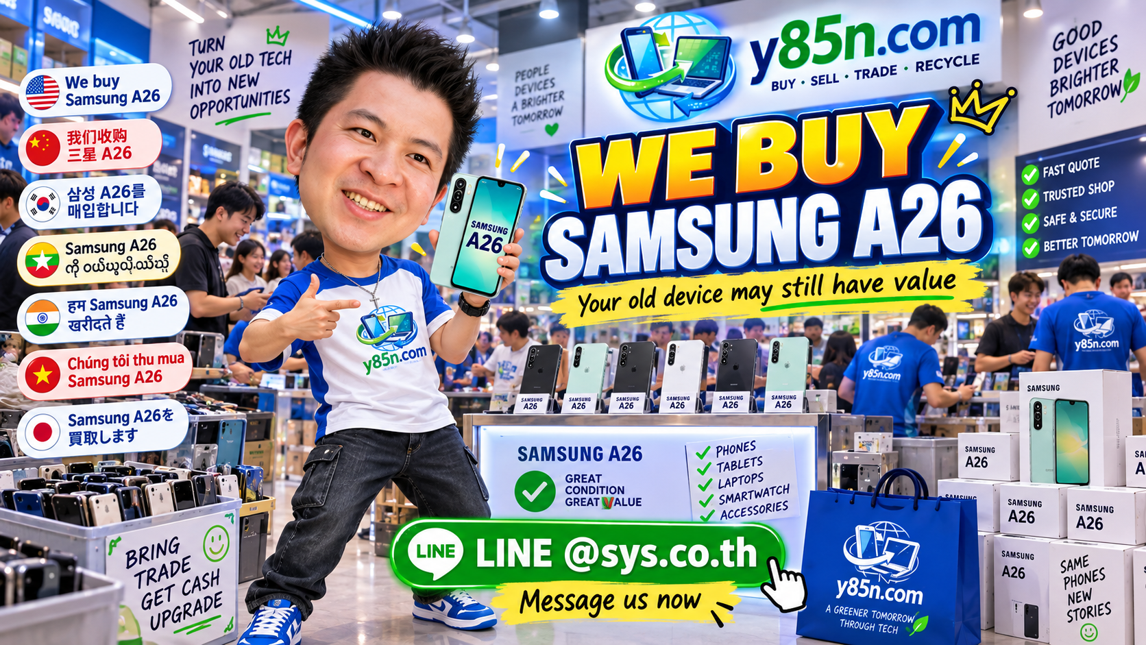 Busy Y85N.com phone buying warehouse with Samsung Galaxy A26 customers in Thailand