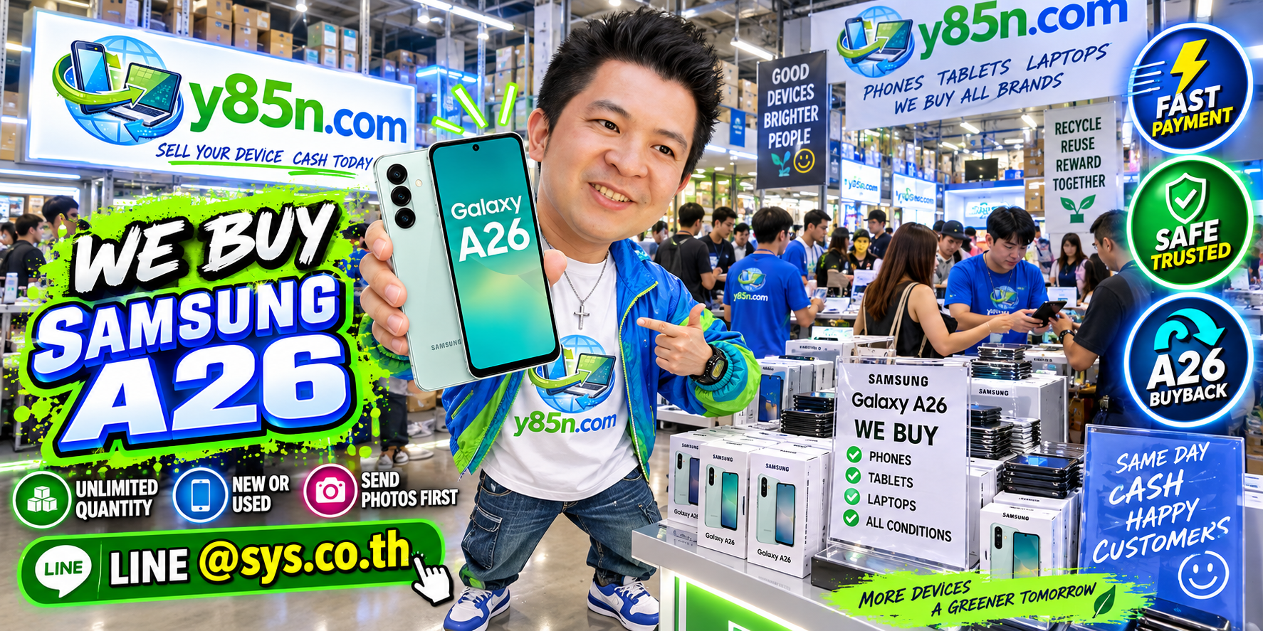 Y85N.com Samsung Galaxy A26 buying warehouse with customers and phone inventory