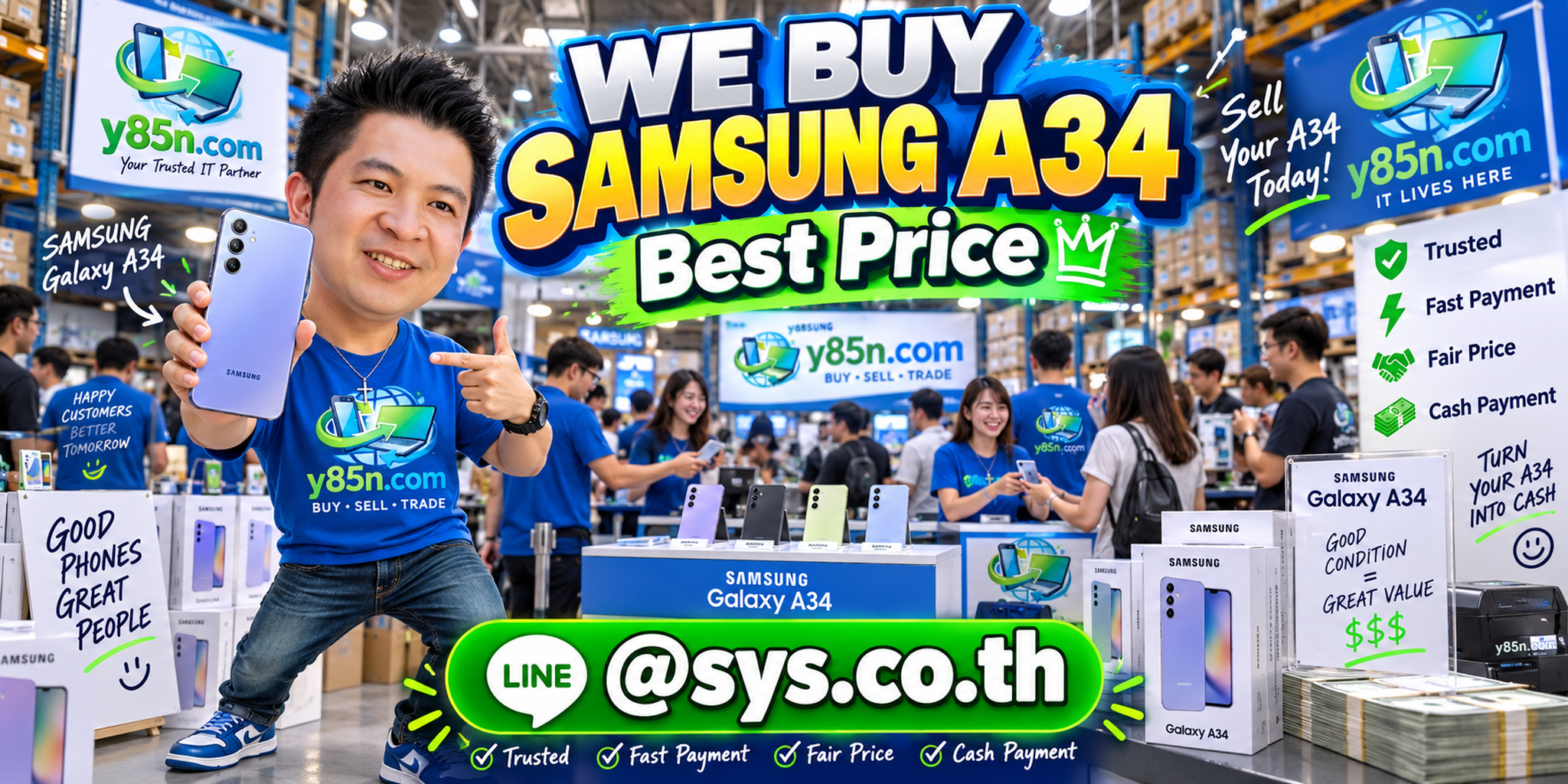 Y85N.com warehouse buying Samsung Galaxy A34 phones from sellers across Thailand