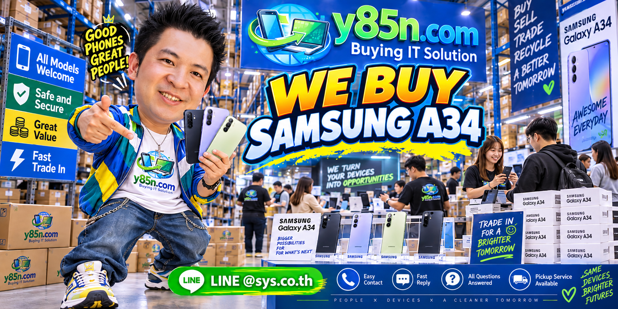 Y85N.com Samsung Galaxy A34 buying service contact banner with LINE at sys.co.th