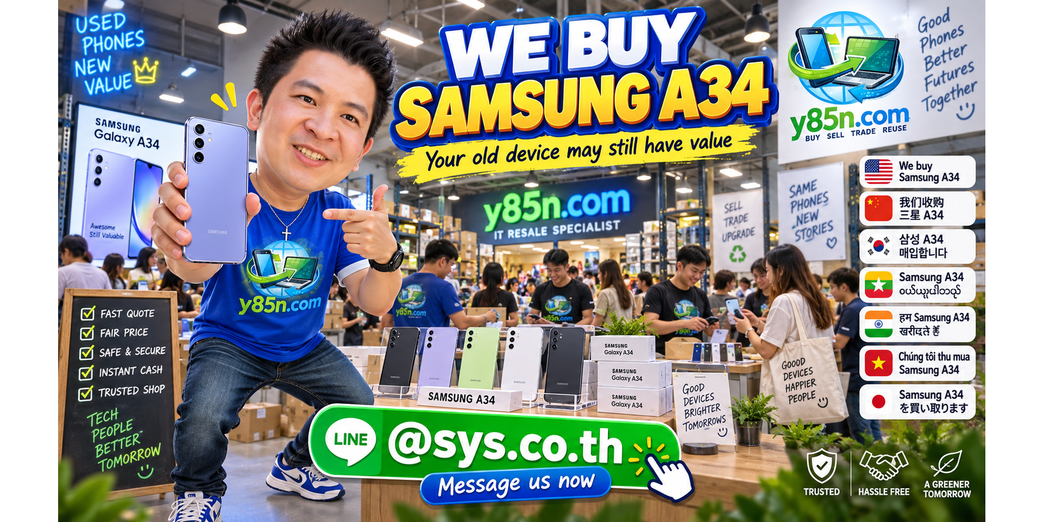 Busy Y85N.com warehouse buying Samsung Galaxy A34 phones in Thailand