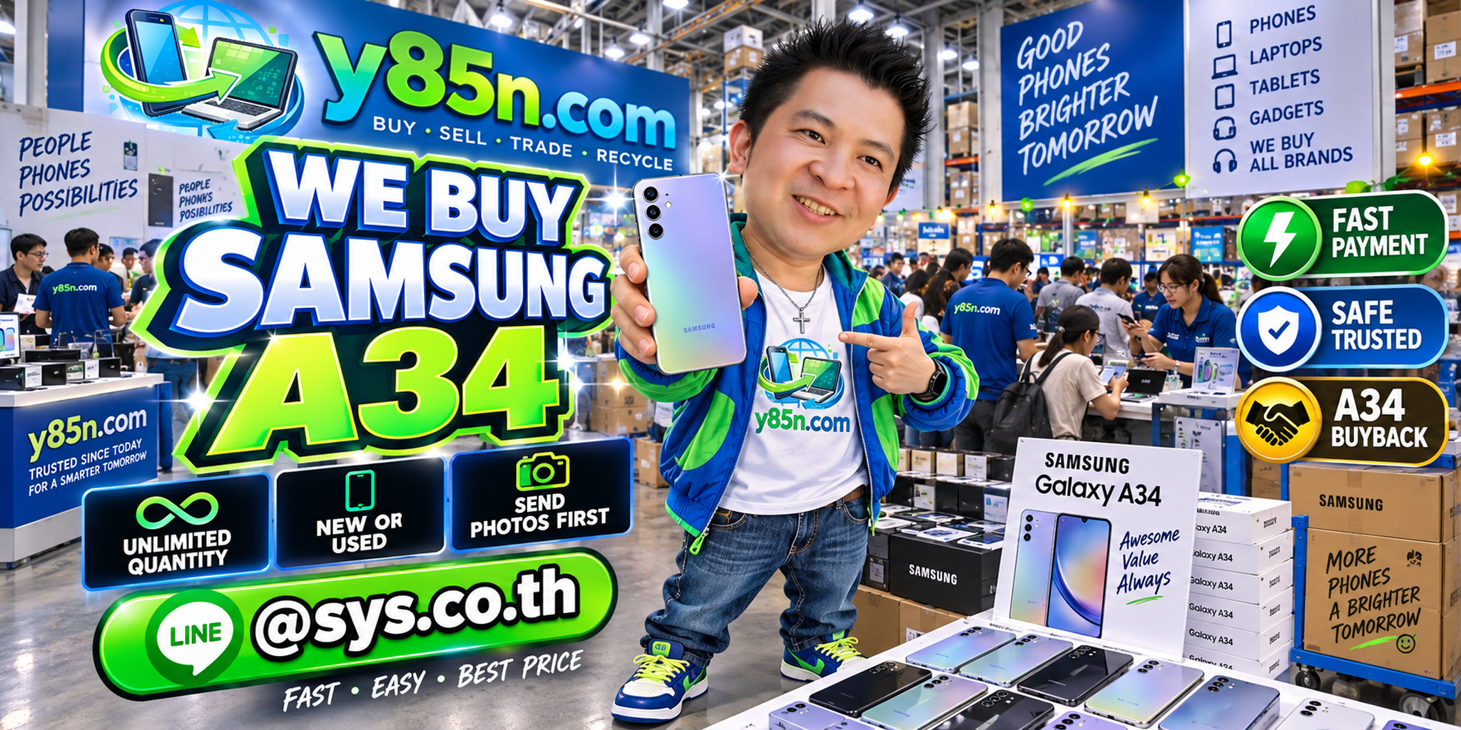 Y85N.com team and customers at a busy warehouse buying Samsung Galaxy A34 phones