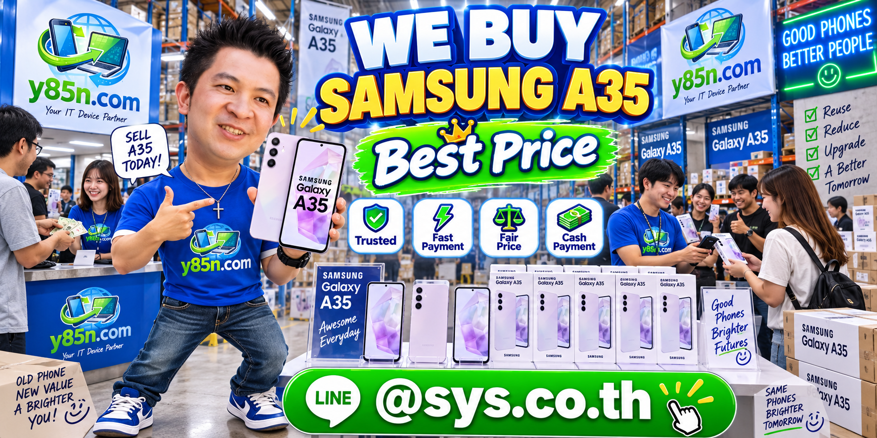 Y85N.com warehouse buying Samsung Galaxy A35 phones with international seller messaging