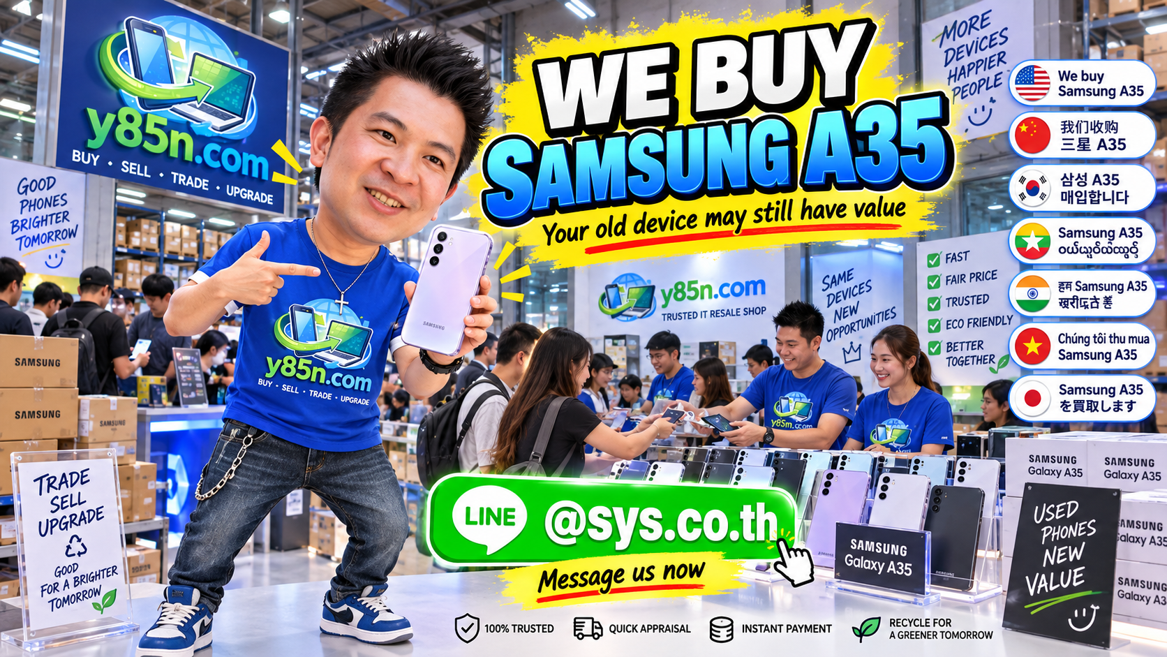 Busy Y85N.com warehouse showing Samsung Galaxy A35 buying service in Thailand