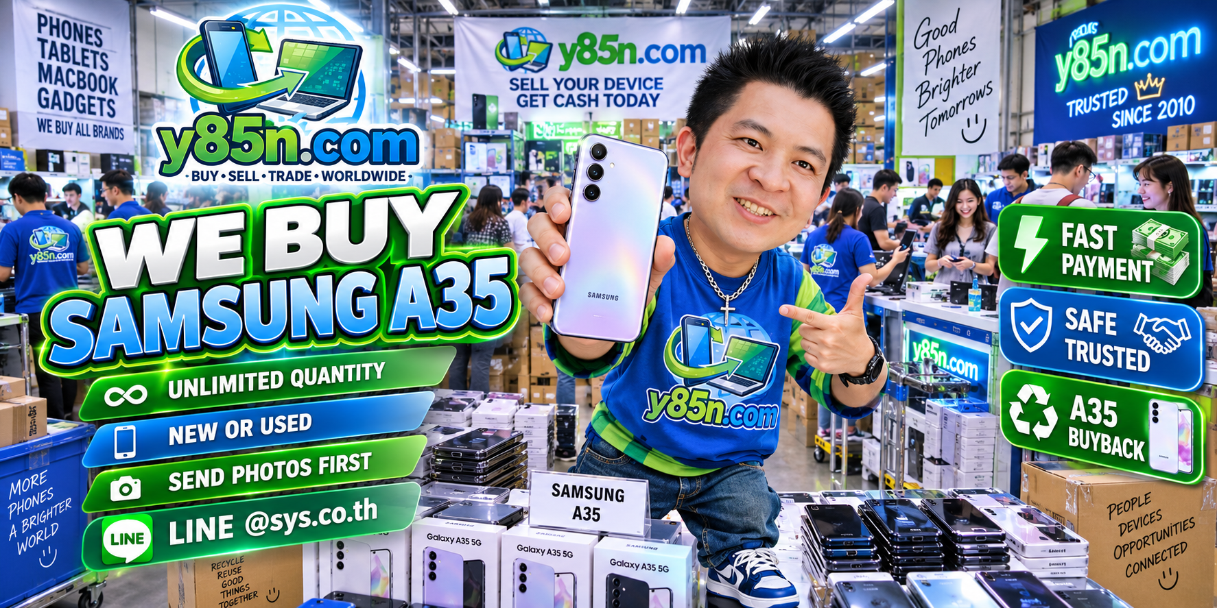 Y85N.com team and customers at a busy phone and technology buying warehouse in Thailand