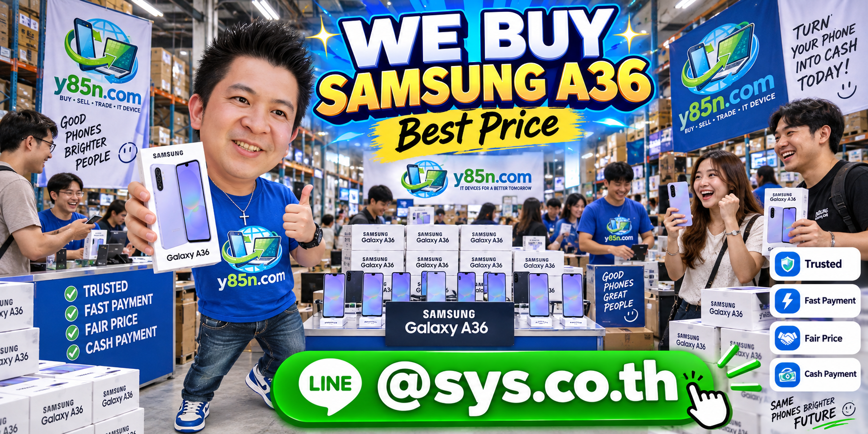 Y85N.com warehouse buying Samsung Galaxy A36 phones with international seller support in Thailand
