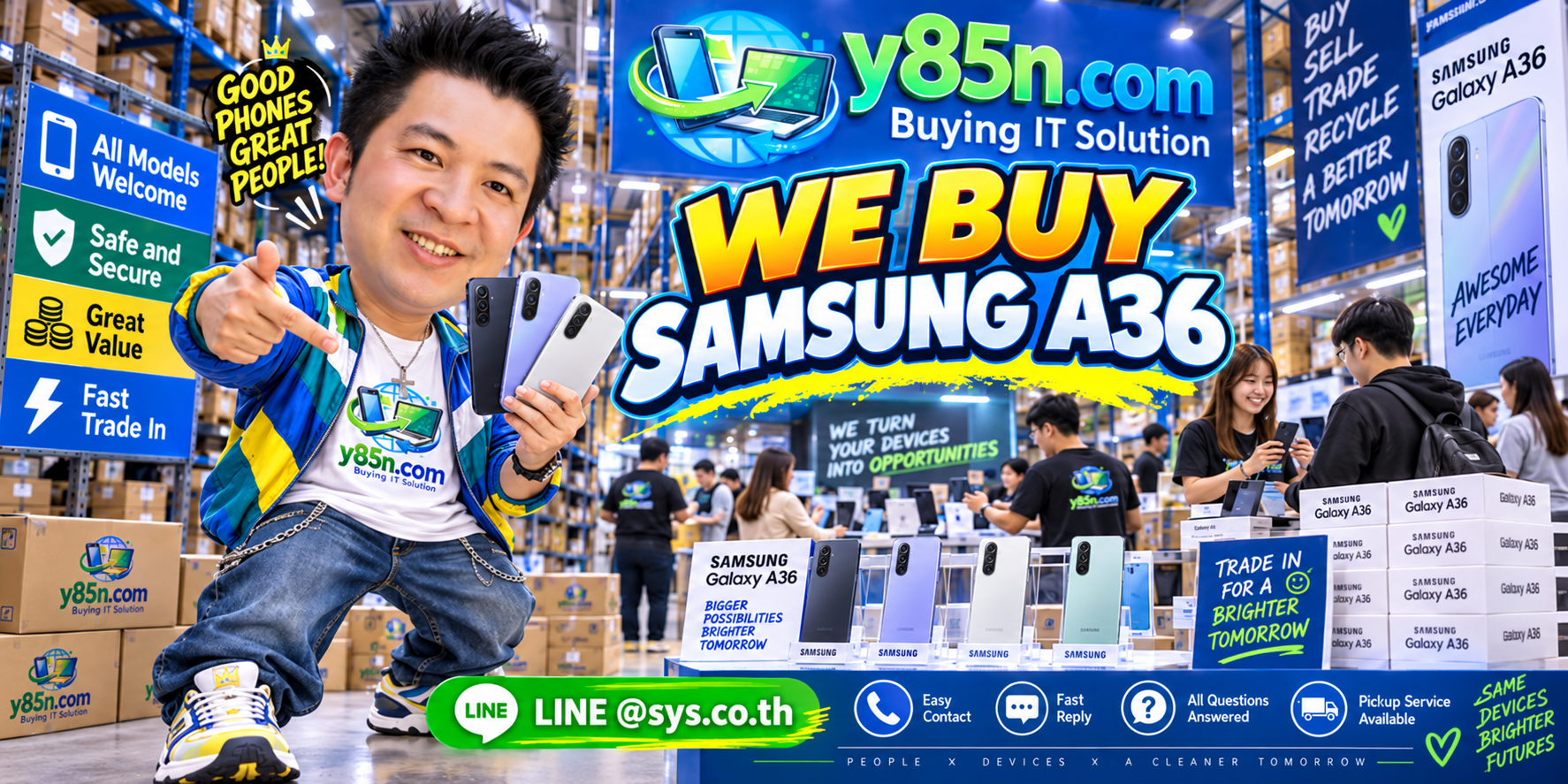 Y85N.com Samsung A36 buying service contact banner with LINE at sys.co.th