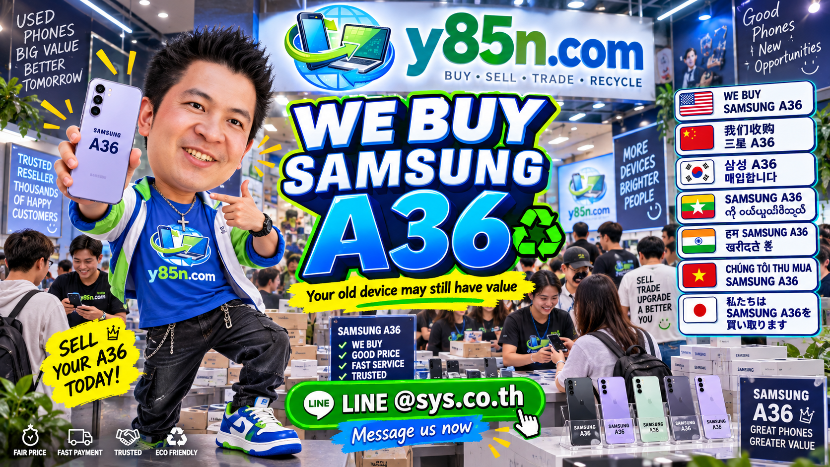 Busy Y85N.com warehouse style Samsung Galaxy A36 buying service in Thailand