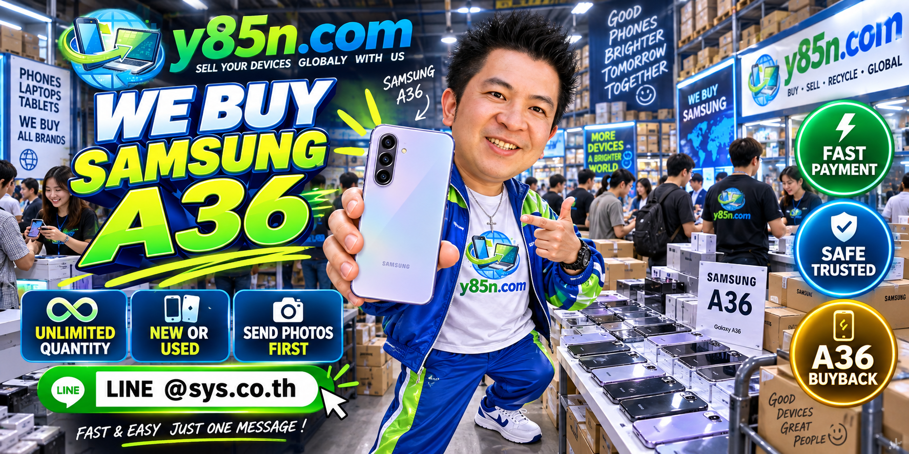 Busy Y85N.com warehouse with customers using a Samsung Galaxy A36 phone buying service