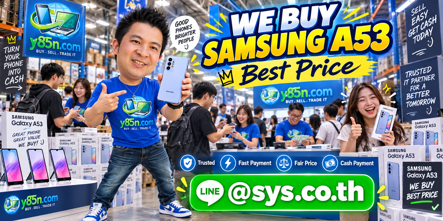 Y85N.com warehouse buying Samsung Galaxy A53 phones from international sellers in Thailand