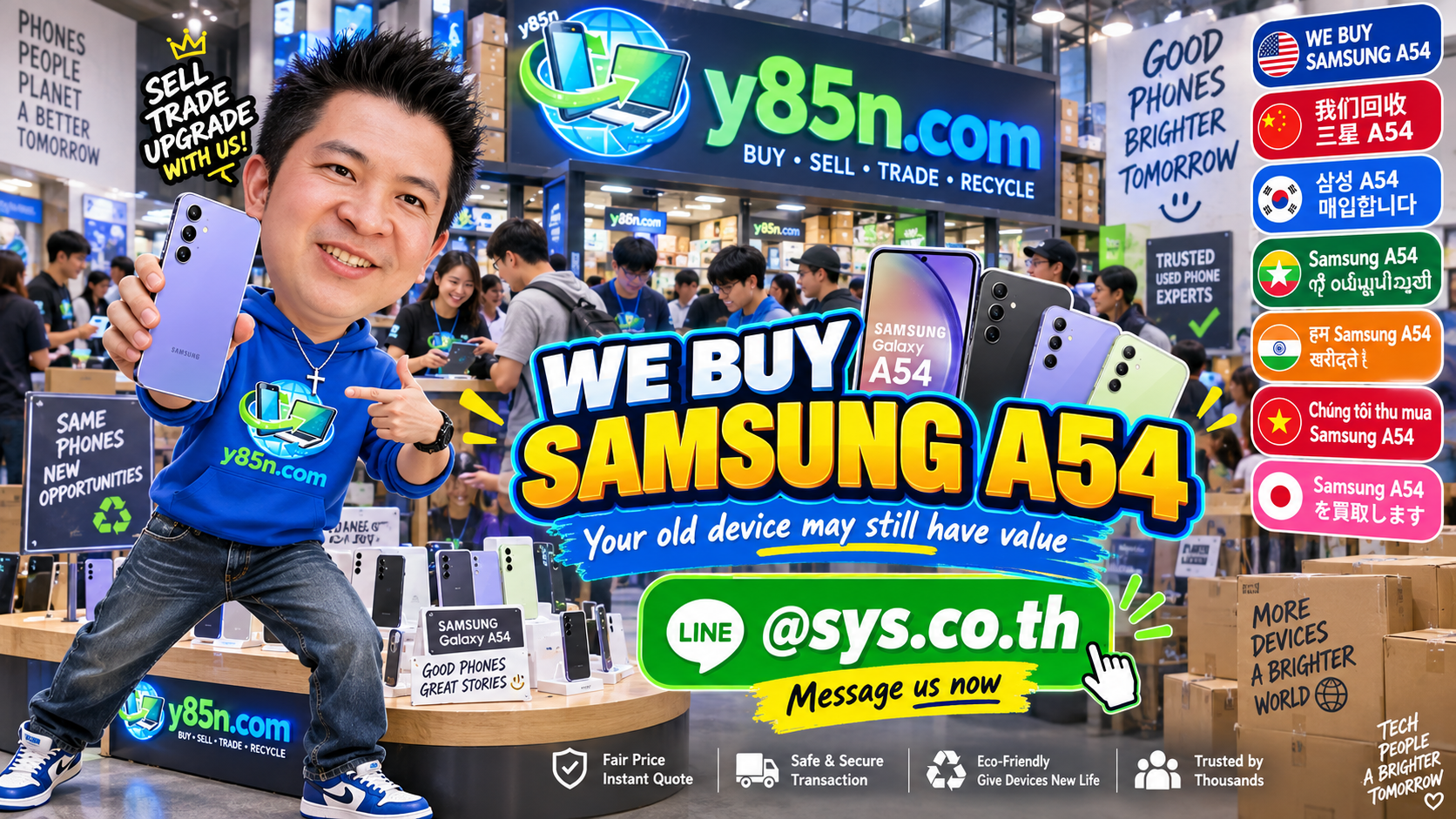 Y85N.com Samsung Galaxy A54 buying service in a busy Thailand phone and IT warehouse