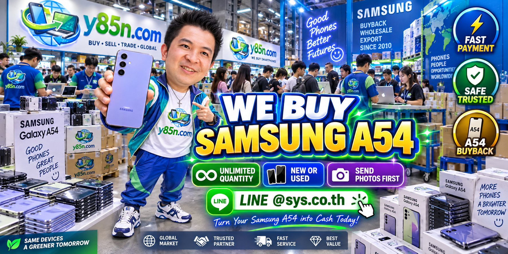 Y85N.com Samsung Galaxy A54 buying team in a busy phone warehouse with customers selling devices