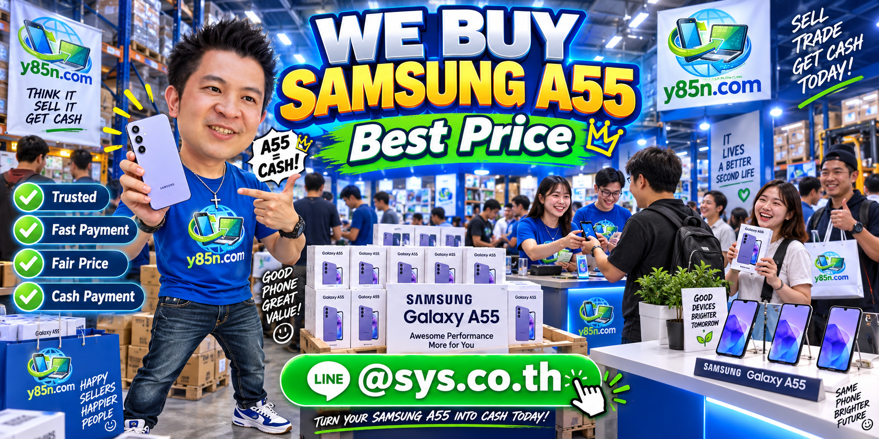 Y85N.com warehouse buying Samsung Galaxy A55 phones with international seller messaging