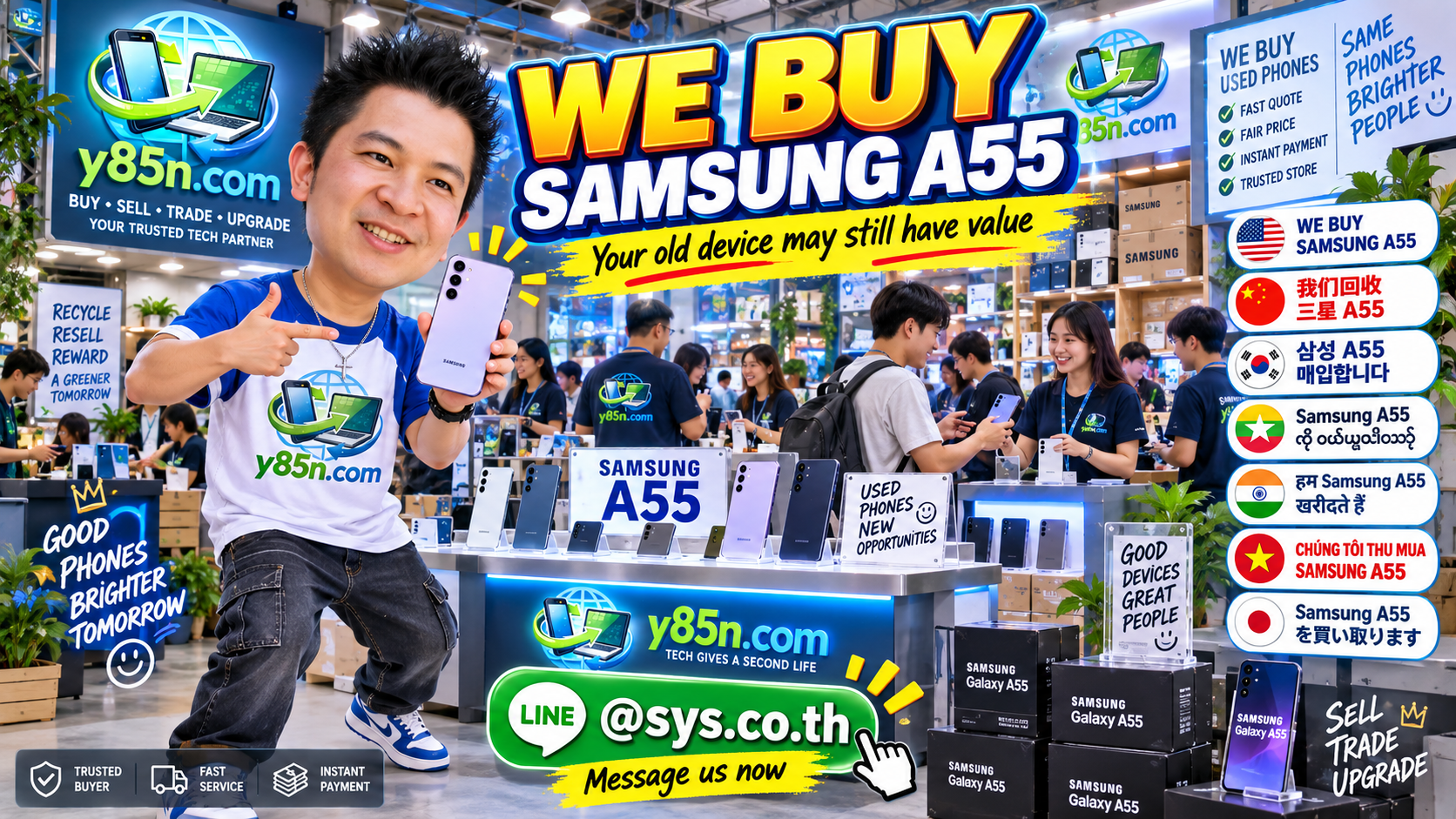Busy Y85N.com warehouse showing Samsung Galaxy A55 buying service in Thailand