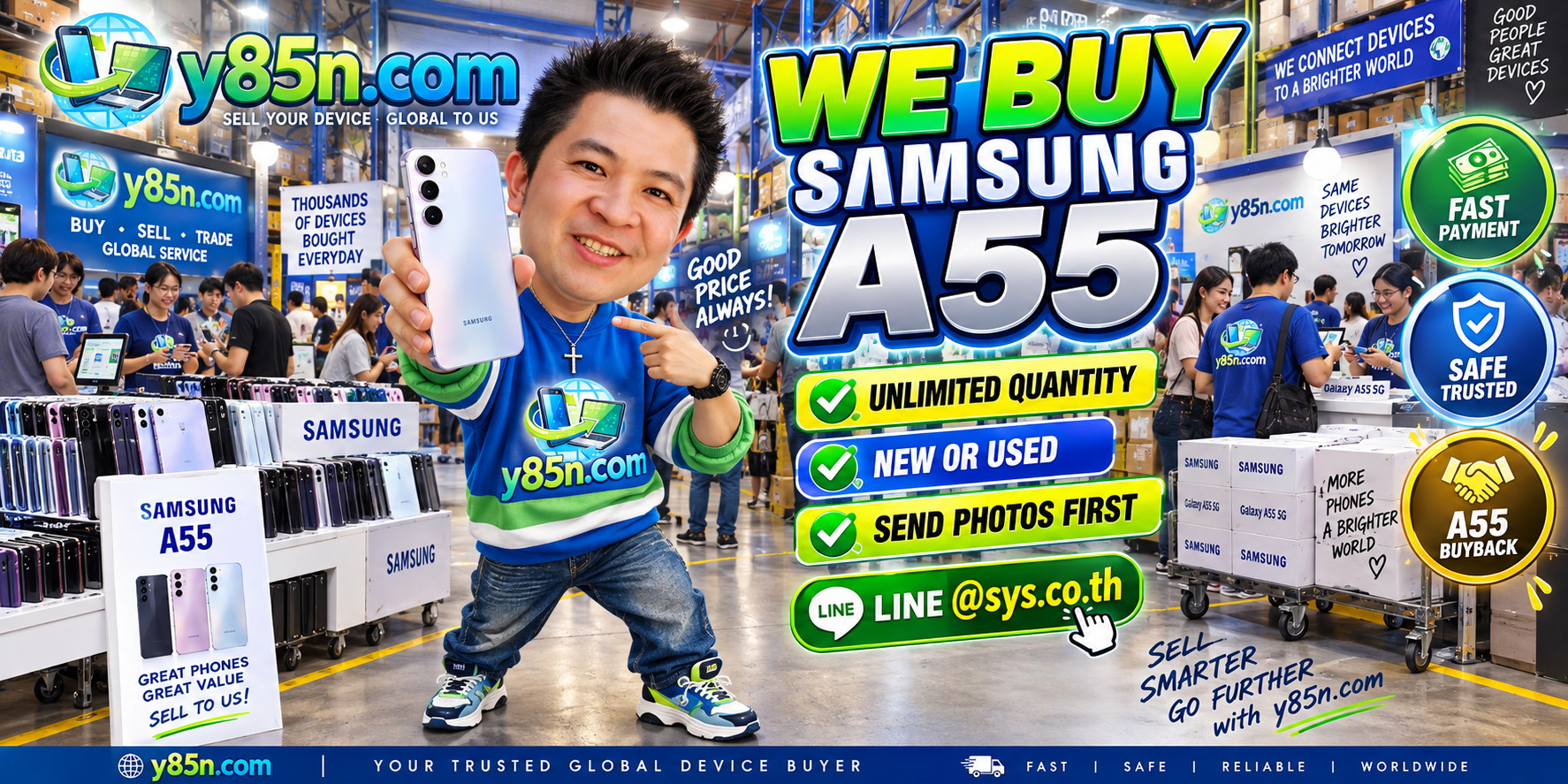 Y85N.com team and customers at a busy phone and technology buying warehouse in Thailand