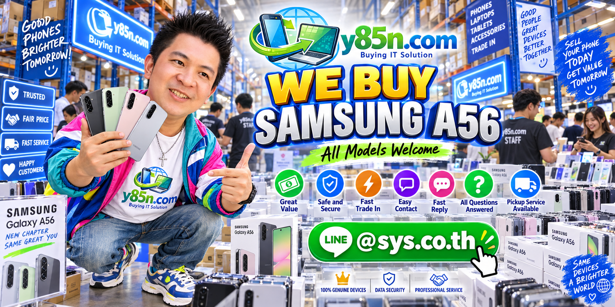 Y85N.com Samsung A56 buying service contact banner with LINE at sys.co.th