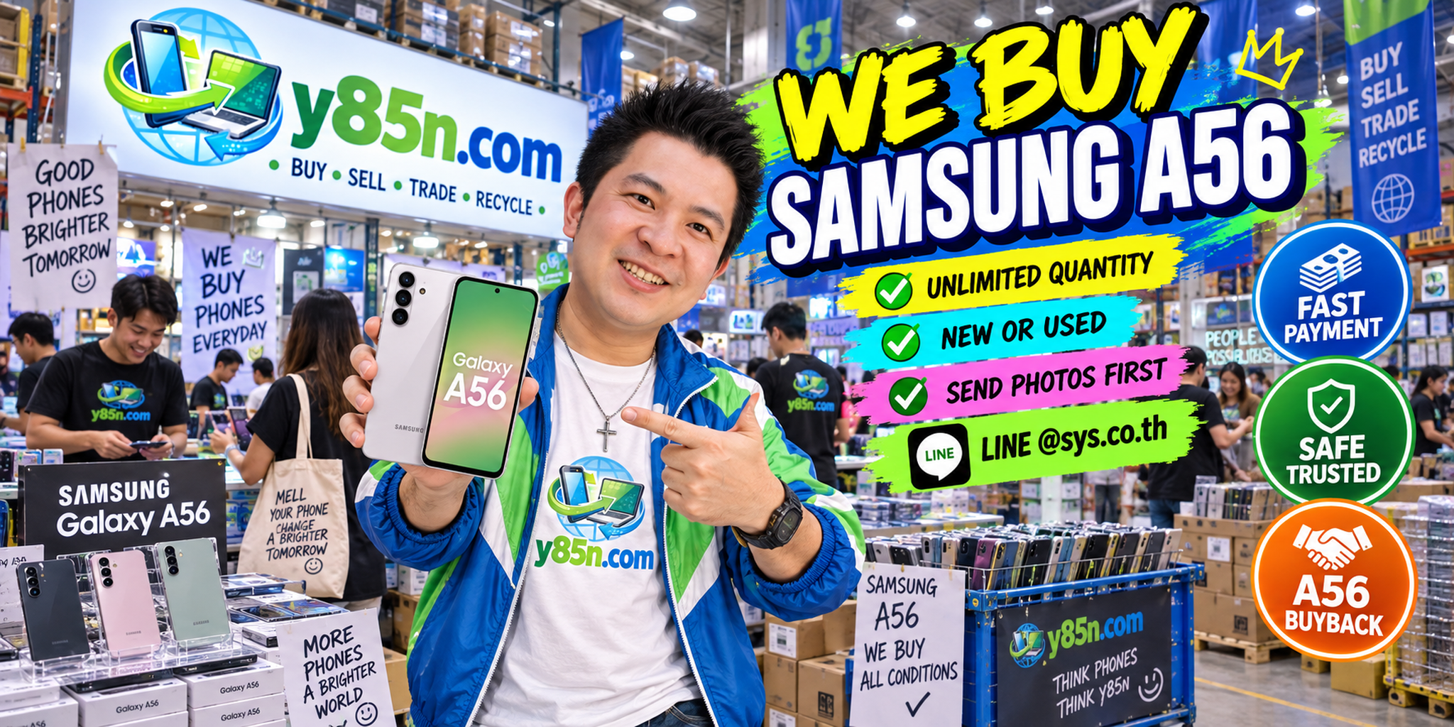 Busy Y85N.com warehouse with customers using a Samsung Galaxy A56 phone buying service