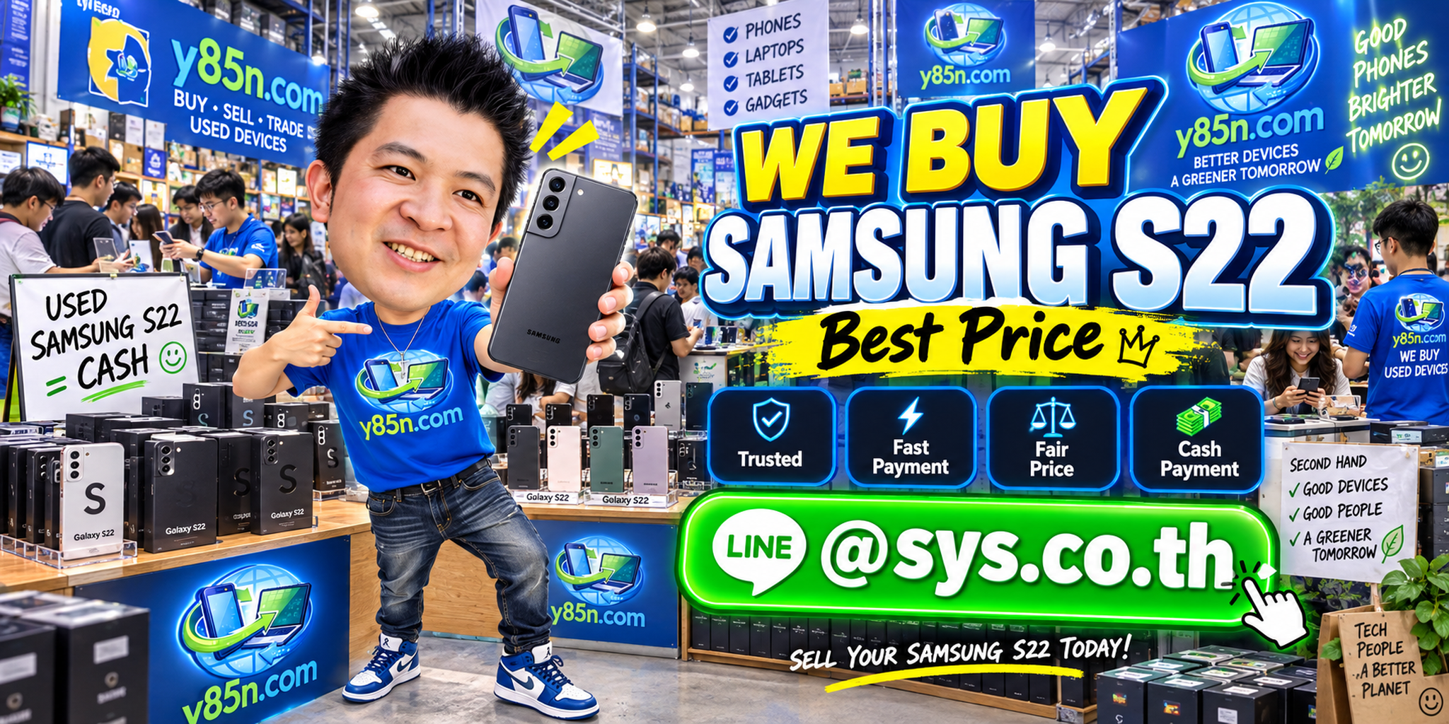 Y85N.com warehouse buying Samsung S22 phones with international seller messaging