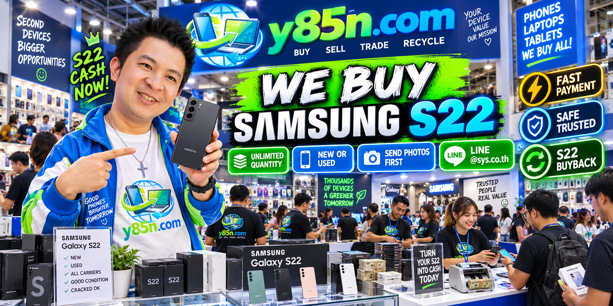 Y85N.com team and customers in a busy Samsung S22 buying warehouse