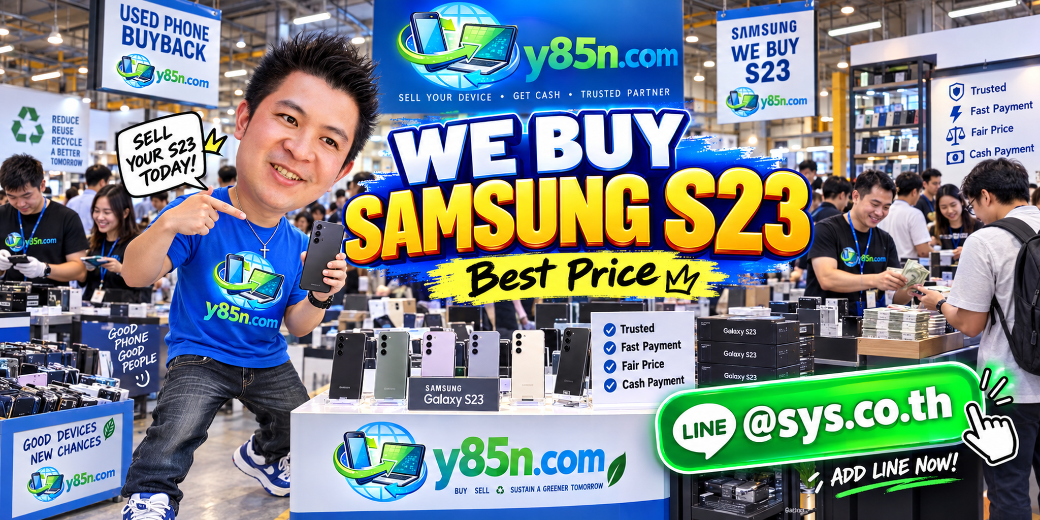 Y85N.com warehouse buying Samsung Galaxy S23 phones with international seller support