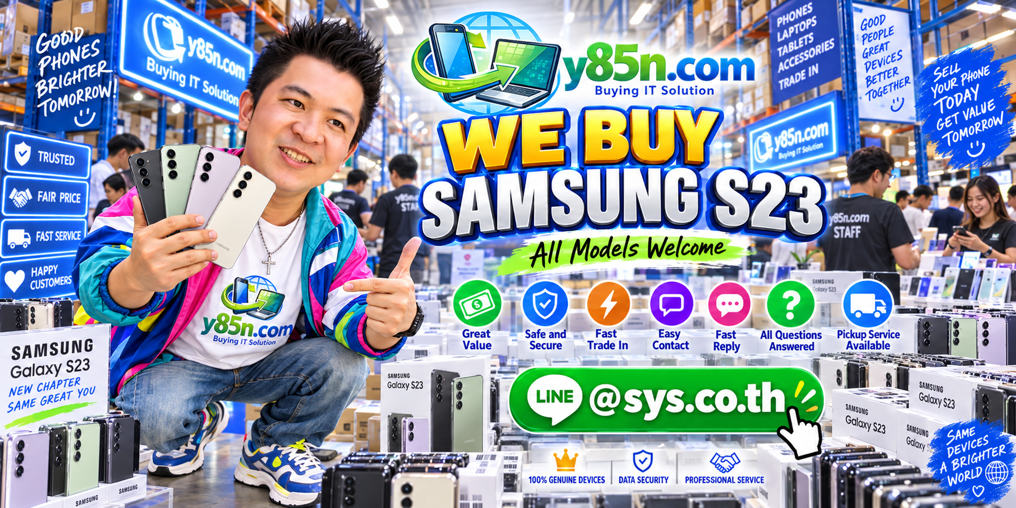 Y85N.com Samsung S23 buying contact banner with LINE at sys.co.th