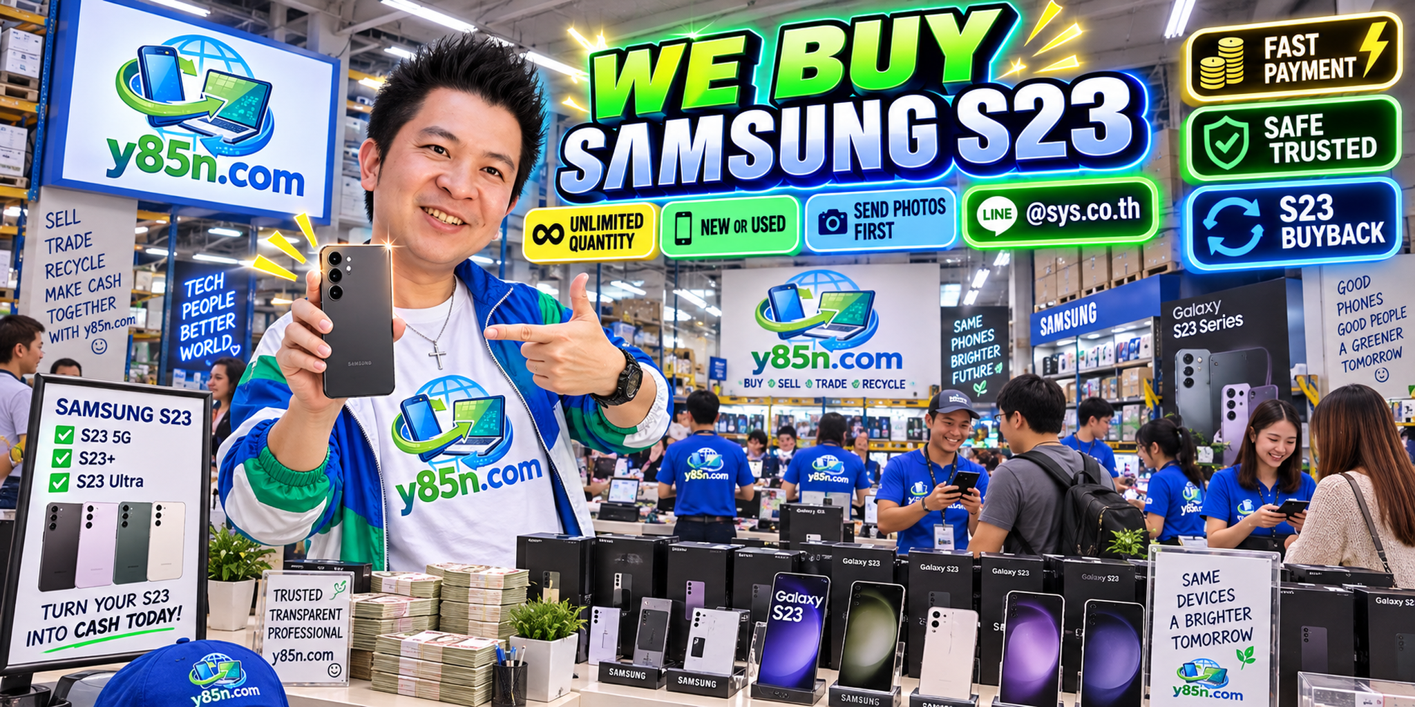 Y85N.com team and customers at a busy Samsung Galaxy S23 phone buying warehouse