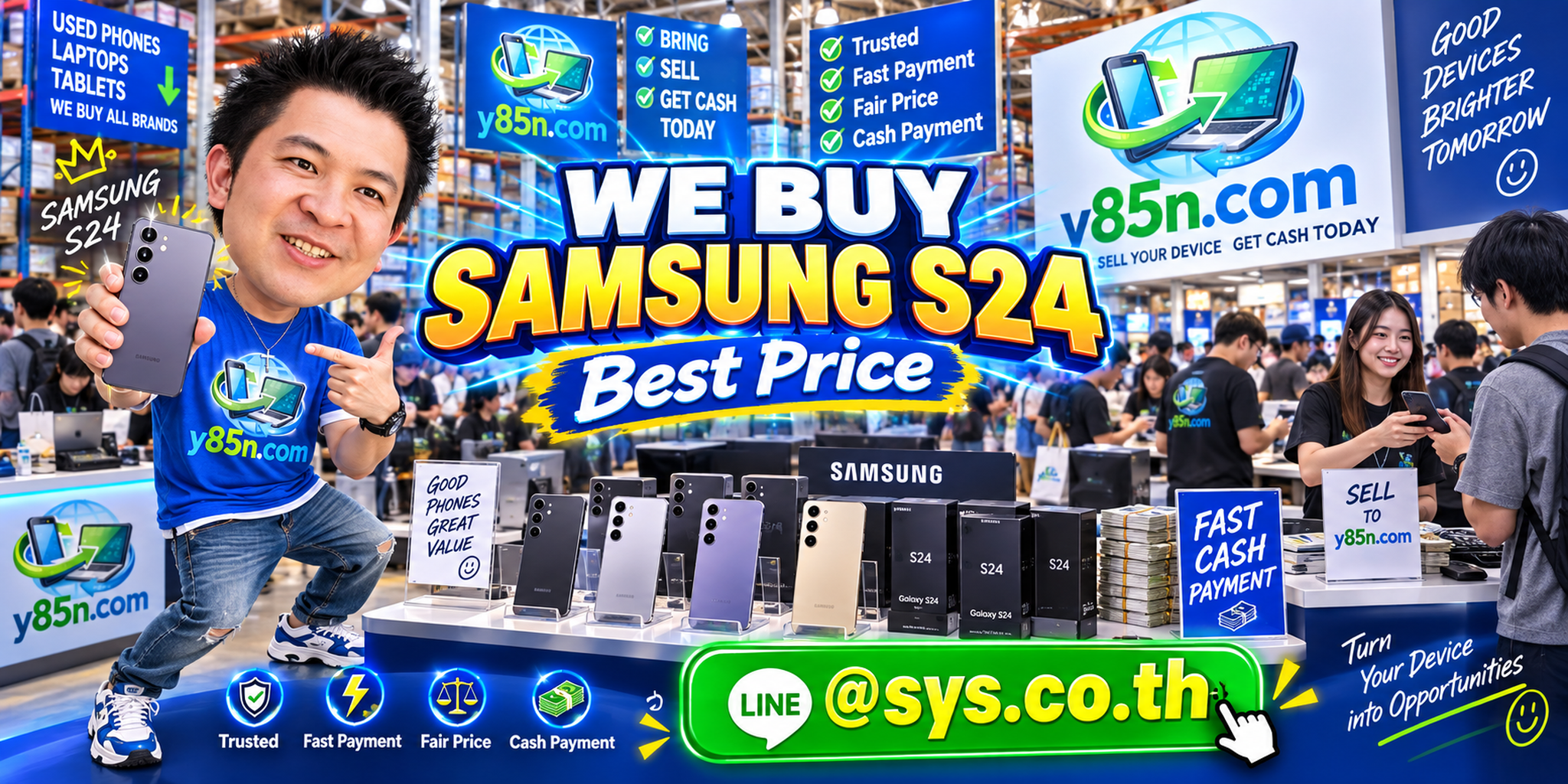 Y85N.com warehouse buying Samsung Galaxy S24 phones with international seller messaging