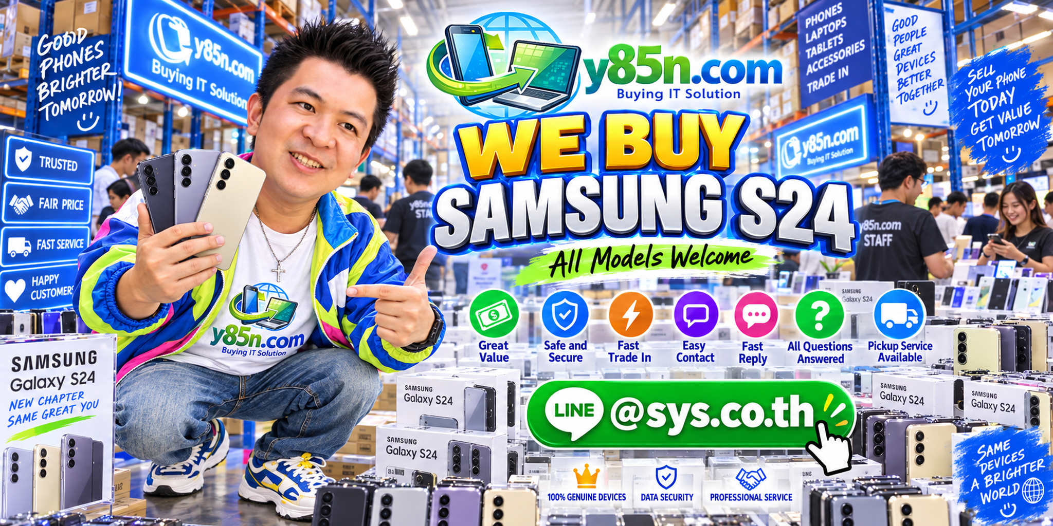 Y85N.com Samsung S24 buying service contact banner with LINE at sys.co.th