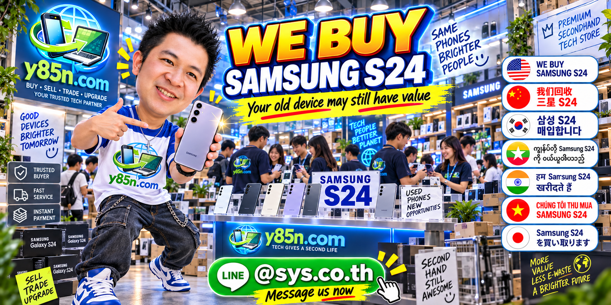 Y85N.com Samsung S24 buying service in a busy technology warehouse in Thailand