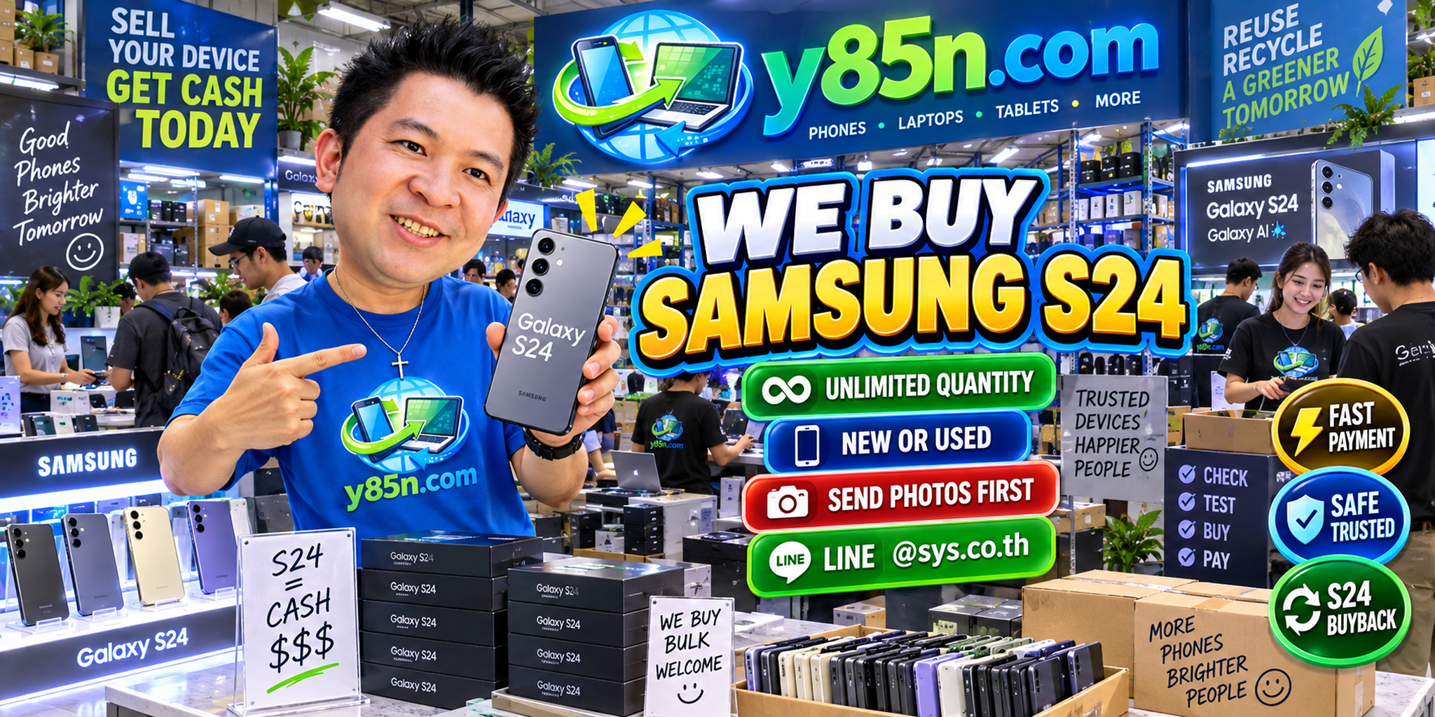 Y85N.com team and customers in a busy technology warehouse buying Samsung Galaxy S24 phones