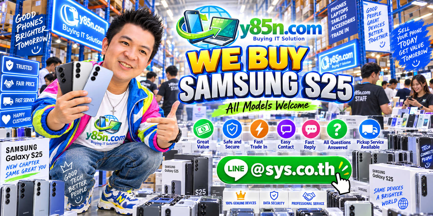 Y85N.com Samsung S25 buying service contact banner with LINE at sys.co.th
