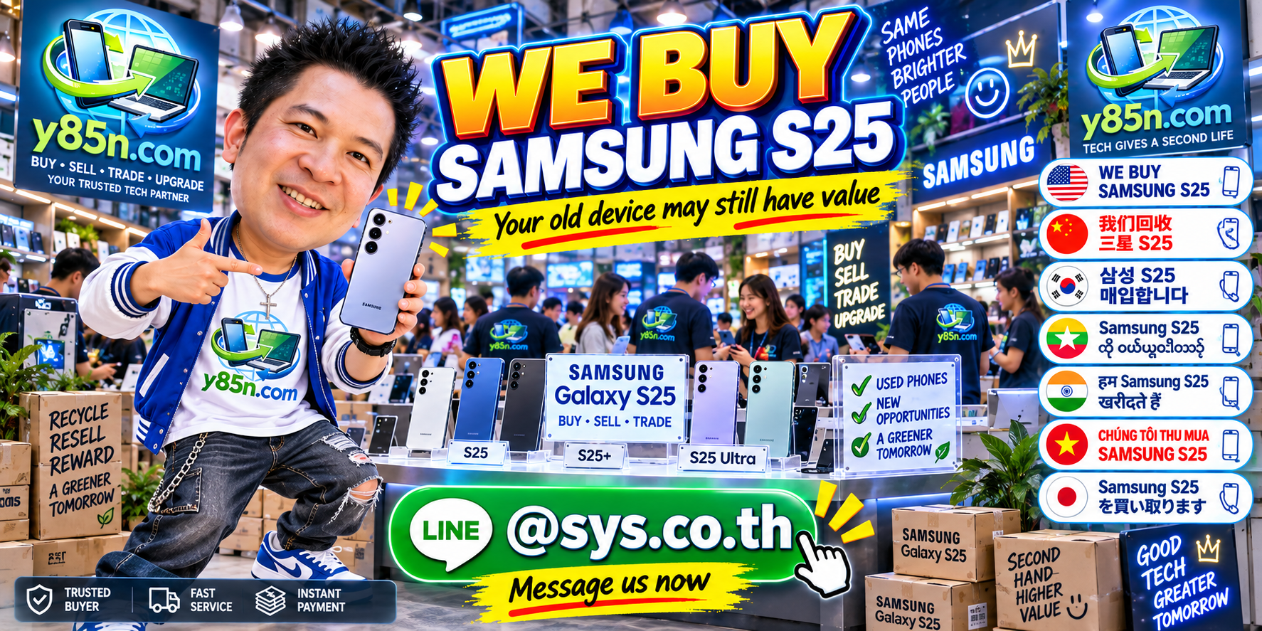 Busy Y85N.com warehouse showing Samsung Galaxy S25 buying service in Thailand