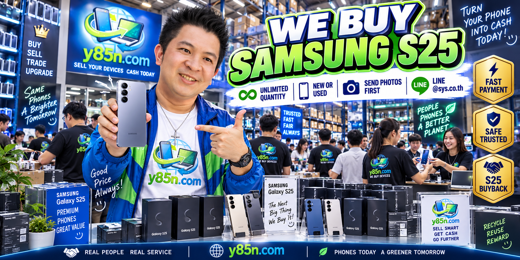 Y85N.com team and customers at a busy Samsung S25 and technology buying warehouse
