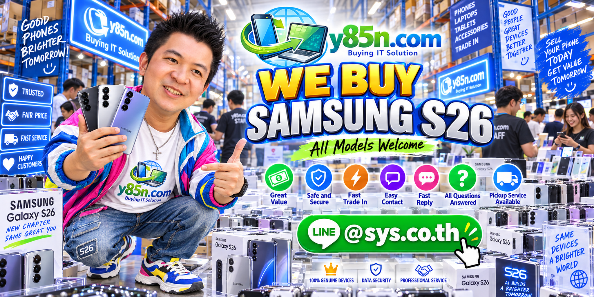 Y85N.com Samsung S26 buying service contact banner with LINE at sys.co.th