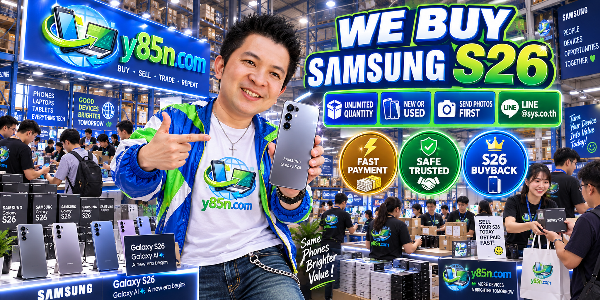 Busy Y85N.com warehouse with customers using a Samsung Galaxy S26 phone buying service
