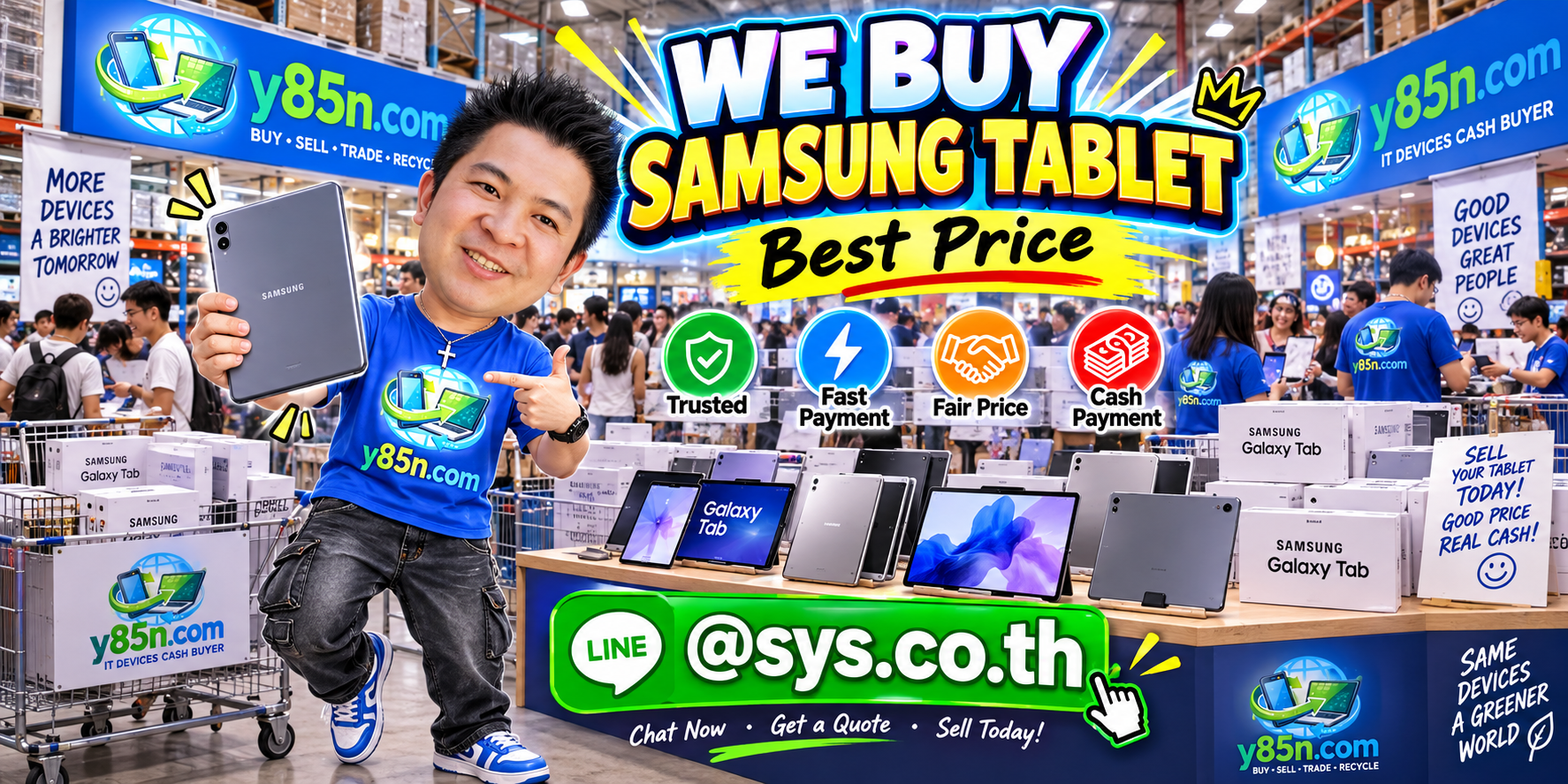 Y85N.com warehouse buying Samsung tablets with international seller messaging