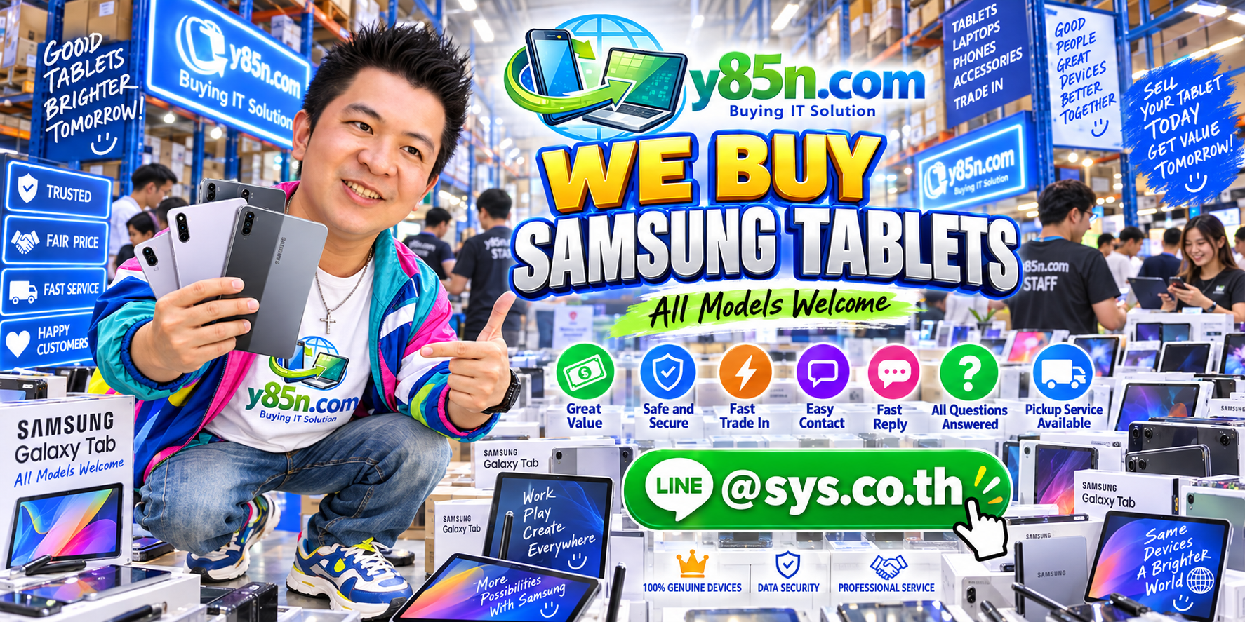 Y85N.com Samsung tablet buying service contact banner with LINE at sys.co.th