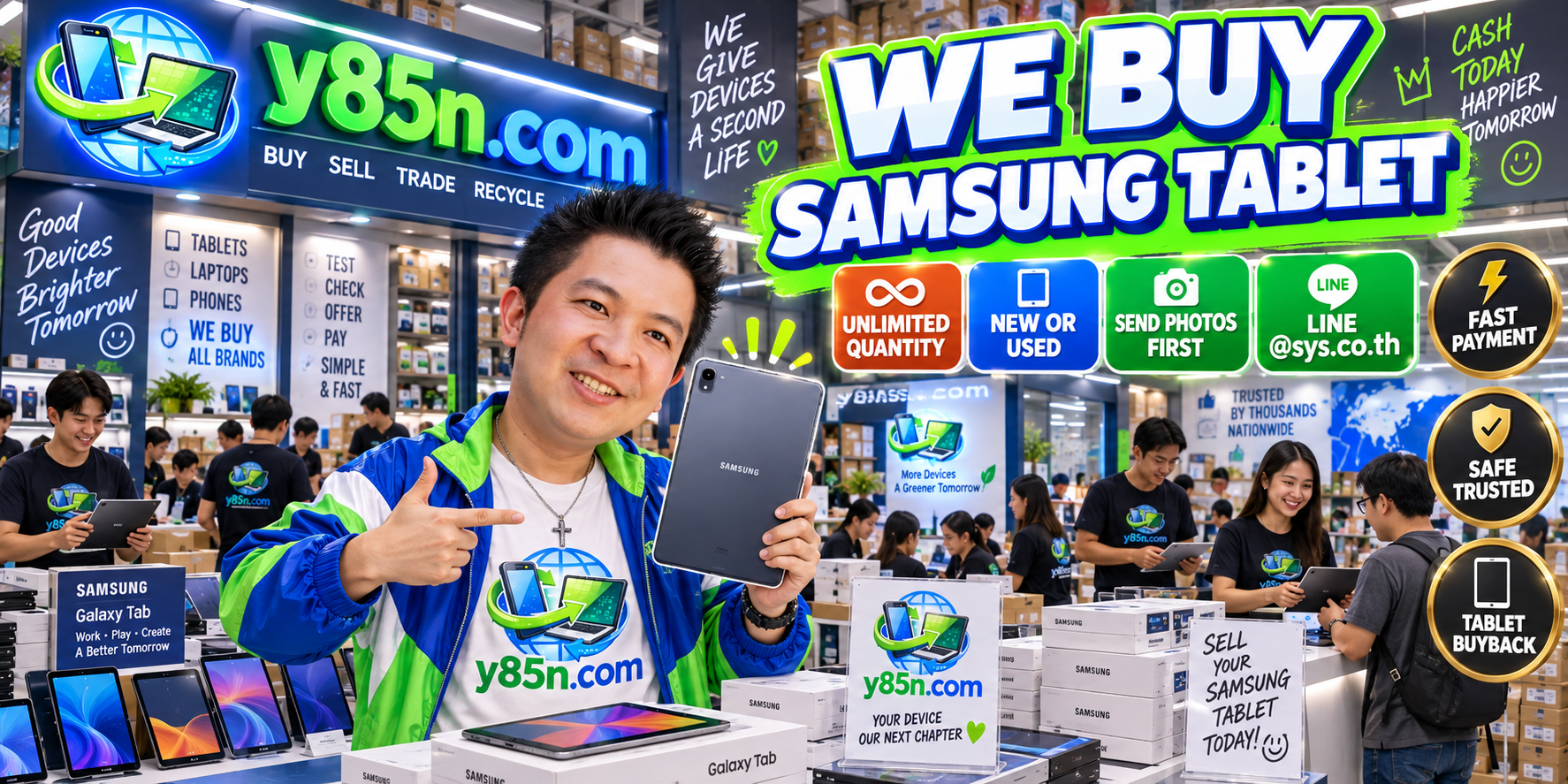 Y85N.com team and customers at a busy Samsung tablet buying warehouse