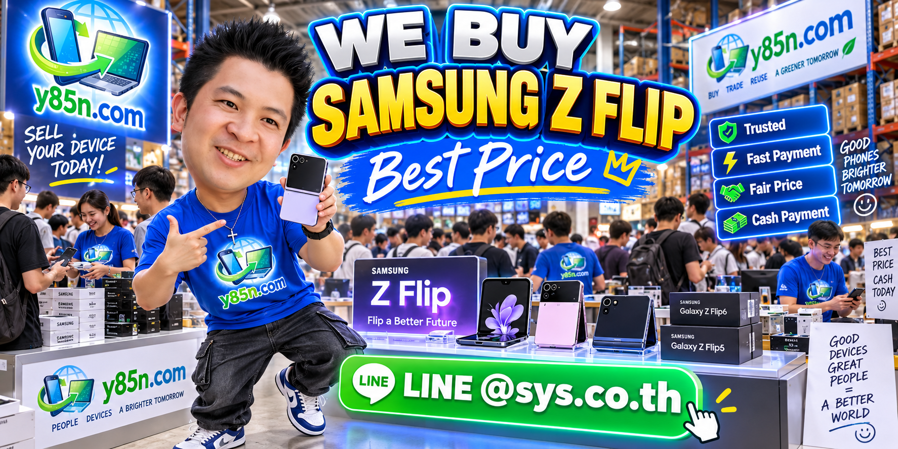Y85N.com warehouse buying used Samsung Galaxy Z Flip phones with international seller support