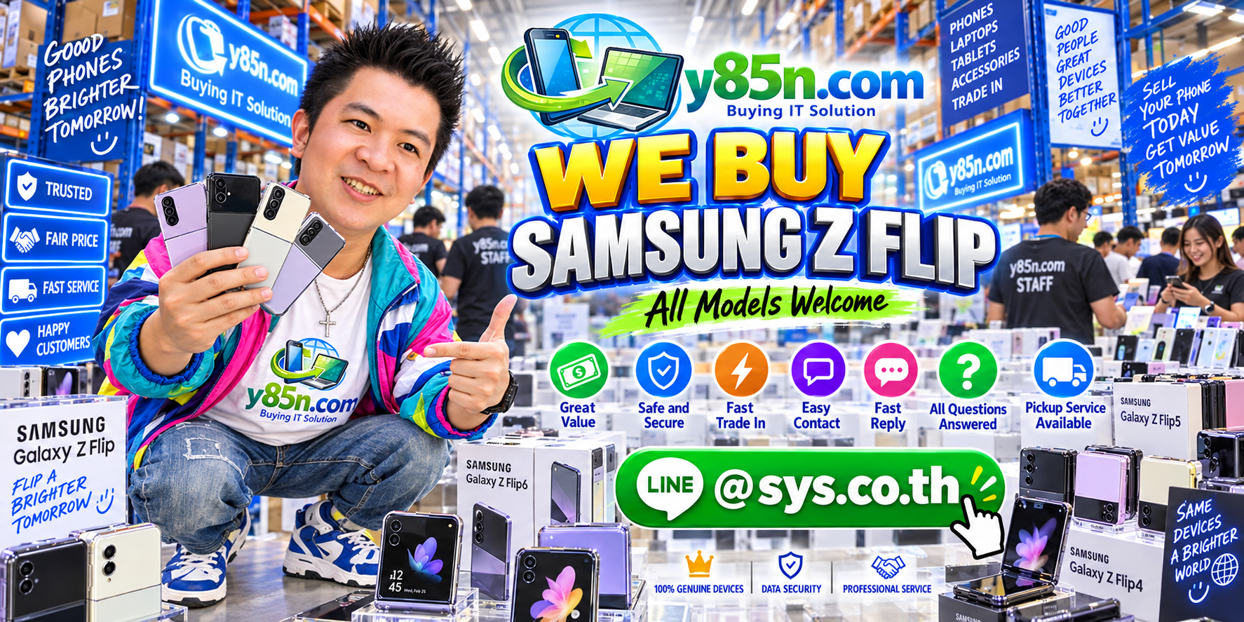 Y85N.com Samsung Galaxy Z Flip buying contact banner with LINE at sys.co.th
