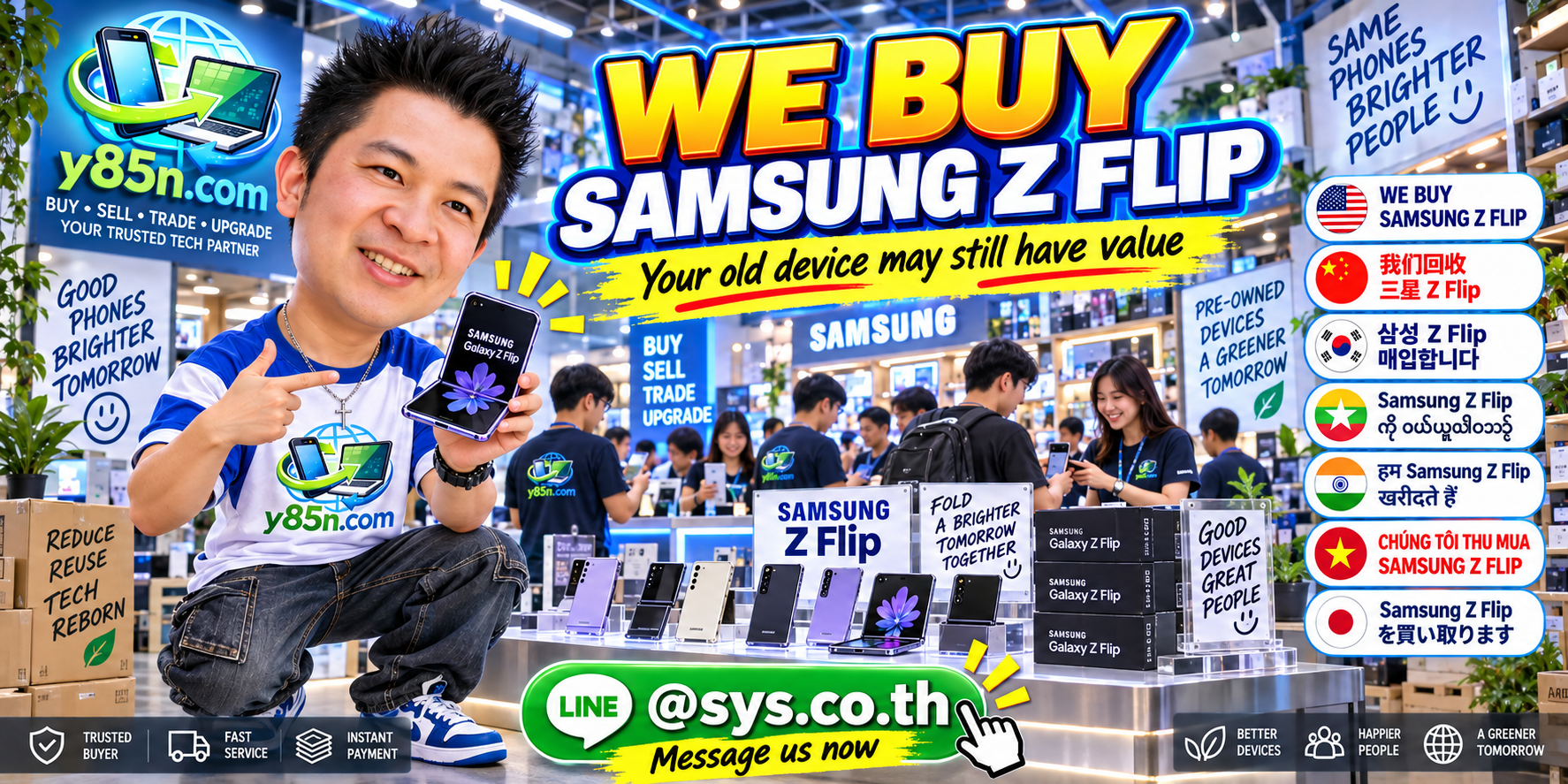 Busy Y85N.com warehouse buying Samsung Galaxy Z Flip phones in Thailand