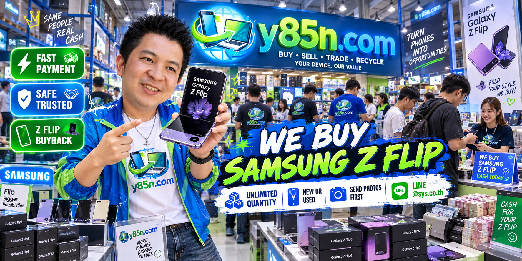 Y85N.com team and customers at a busy Samsung Galaxy Z Flip buying warehouse