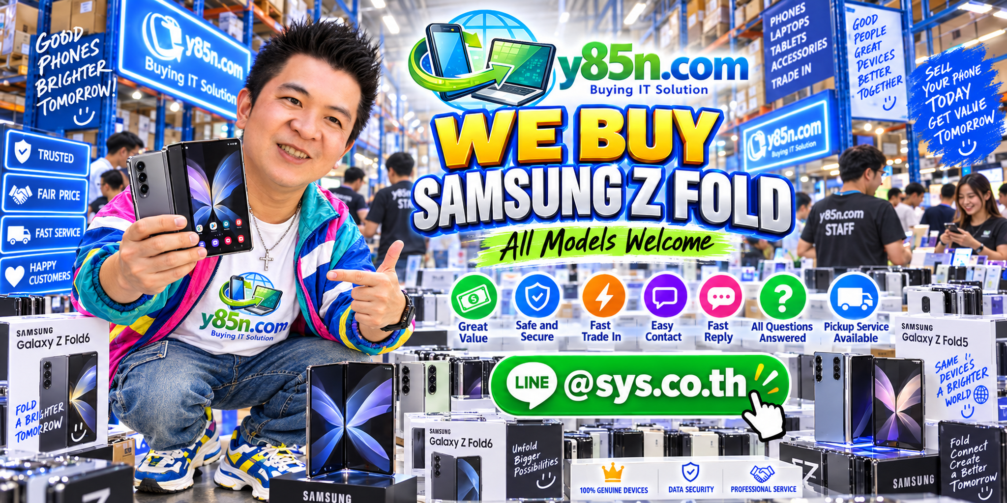 Y85N.com Samsung Galaxy Z Fold buying service contact banner with LINE at sys.co.th