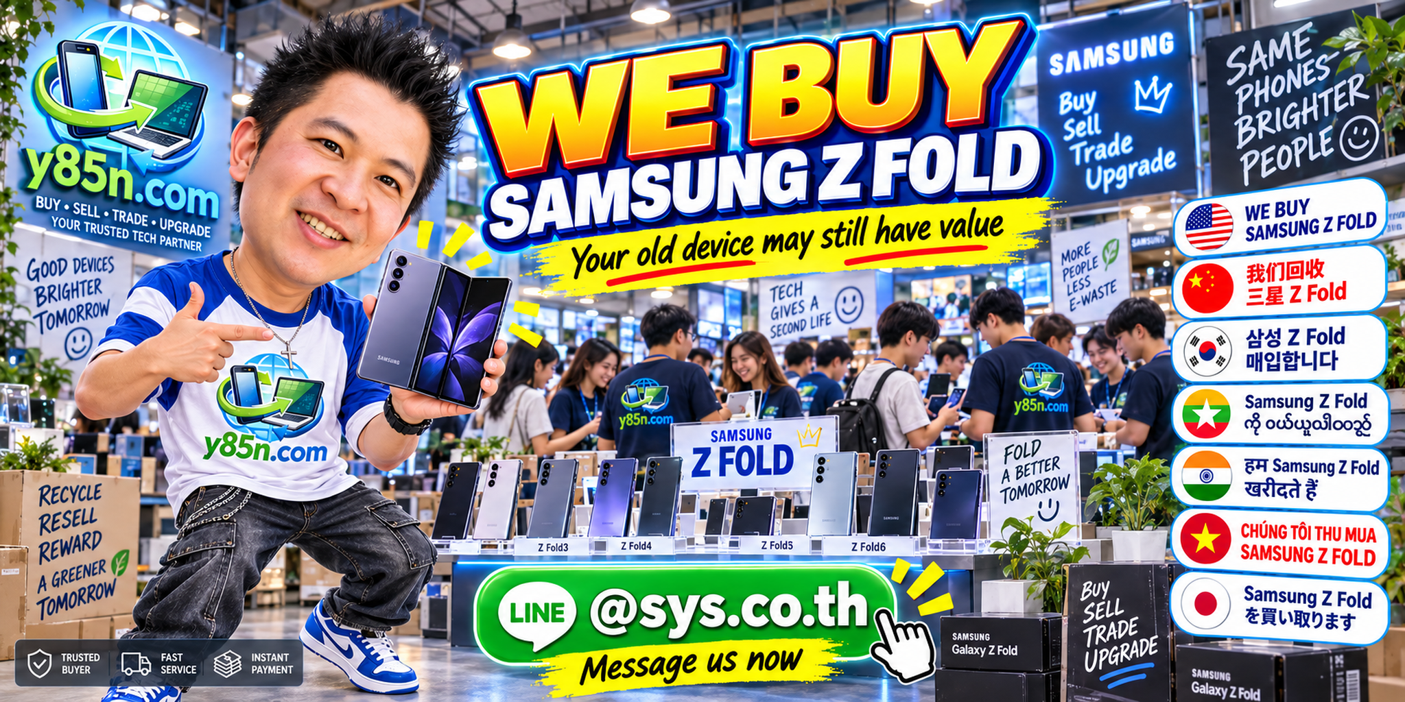 Y85N.com Samsung Galaxy Z Fold buying service in a busy technology warehouse in Thailand