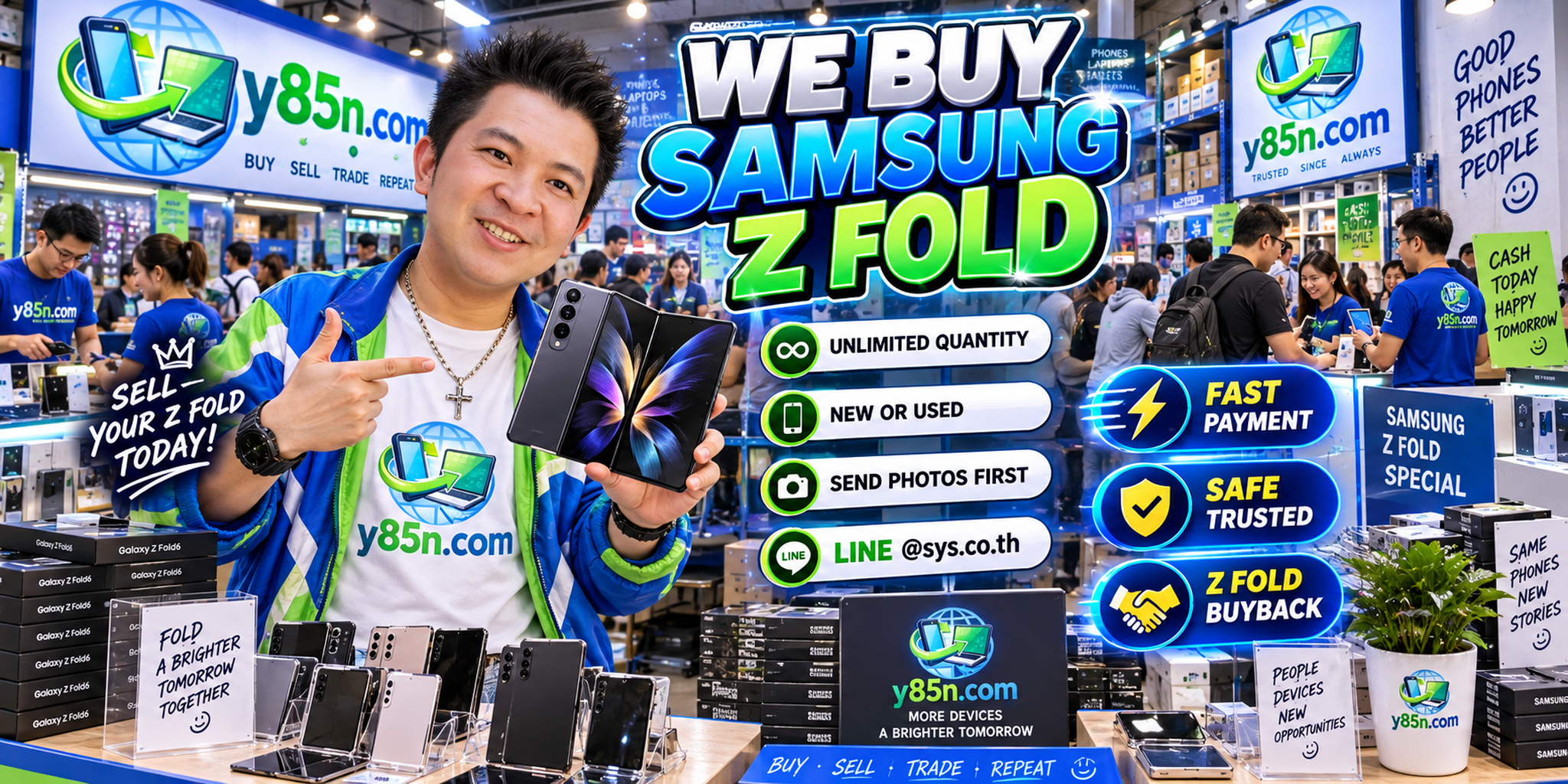 Y85N.com team and customers at a busy Samsung Galaxy Z Fold buying warehouse